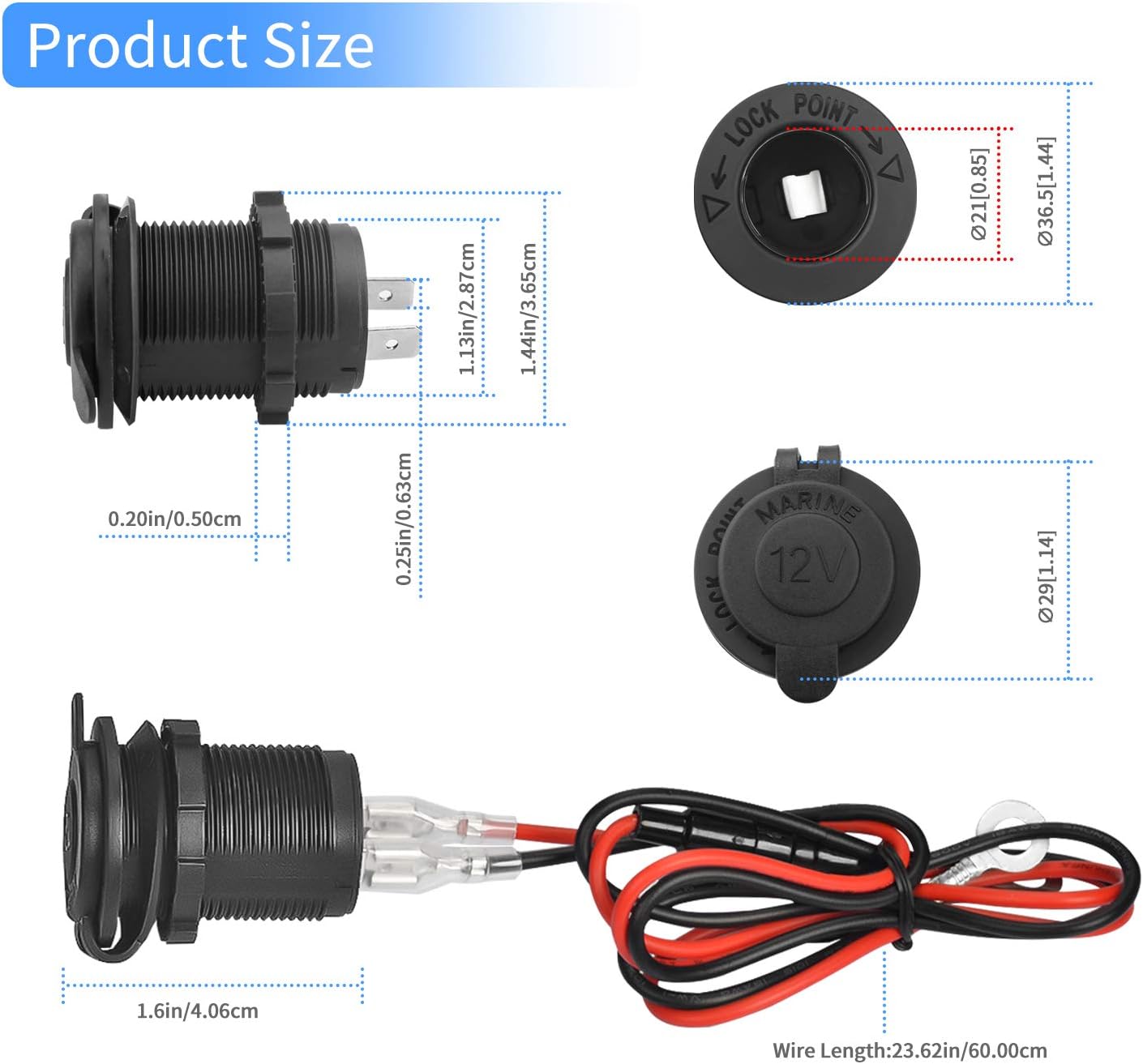 12V Car Cigarette Lighter Socket Waterproof and Dustproof plug socket for Car Truck Motobike Boats Marine ATV, with Fuse & 60cm Cable (Black-2PCS) - Image 4