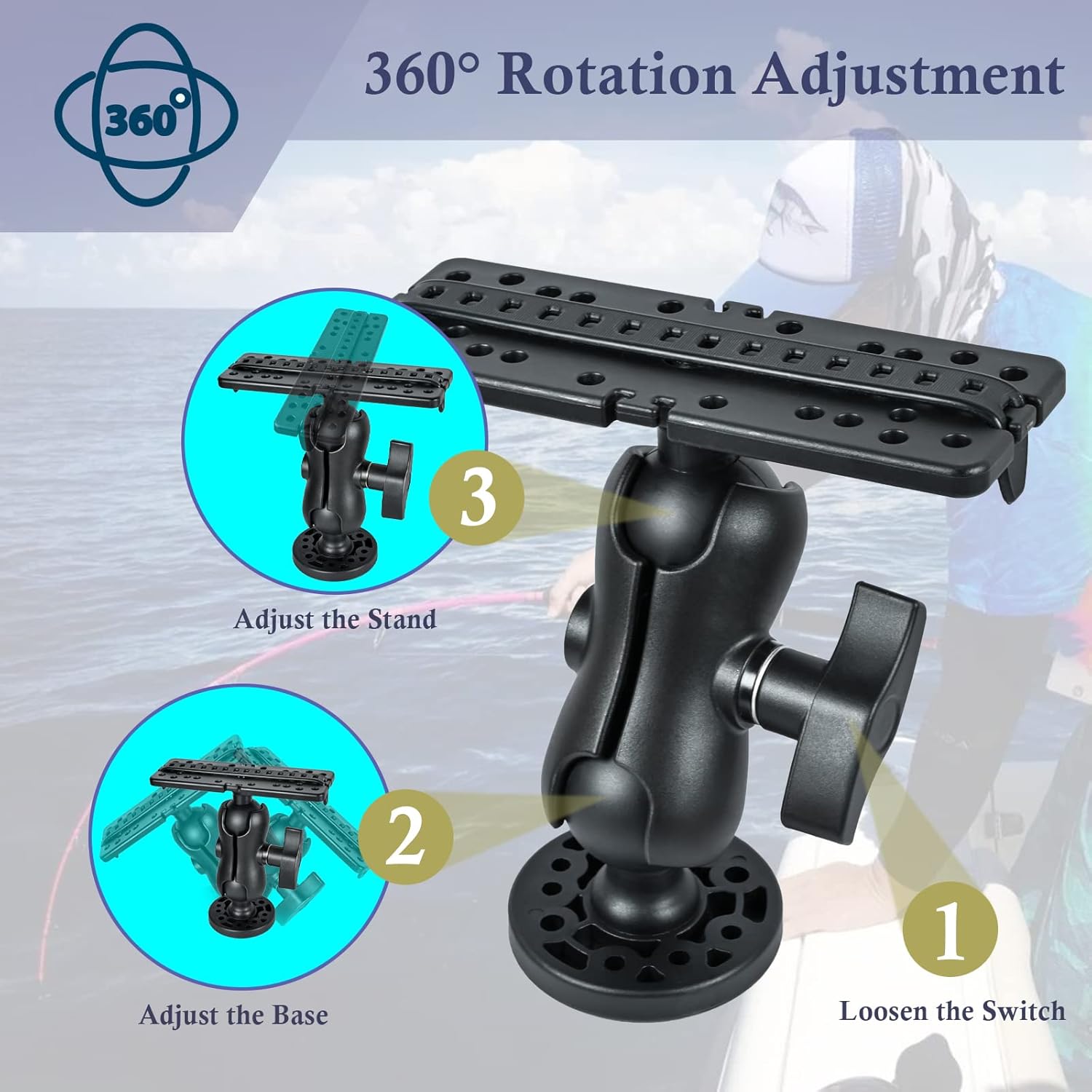 Fish Finder Mount Base, Universal 360° Rotation Ball-Mount Bracket, Nylon & Stainless Steel Electronic Holder for Marine Boat Kayak Pontoon Canoe Helix Garmin, 4*Srews, 4*Nuts - Image 3