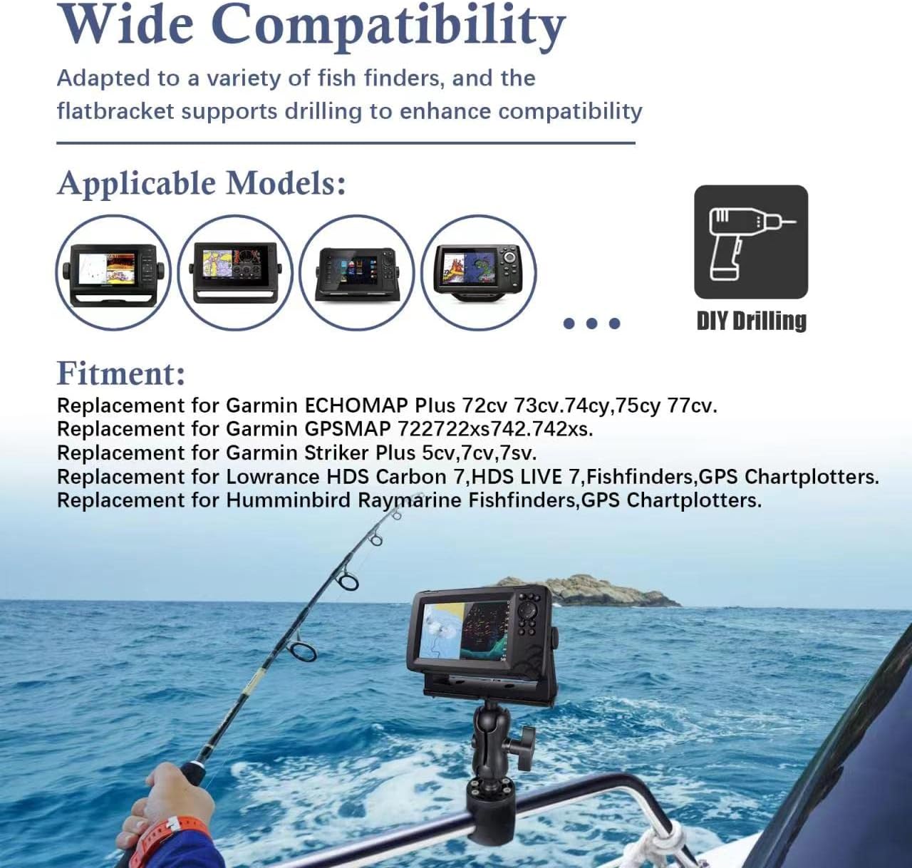 Fish Finder Mount Base, Universal 360° Rotation Ball-Mount Bracket, Nylon & Stainless Steel Electronic Holder for Marine Boat Kayak Pontoon Canoe Helix Garmin, 4*Srews, 4*Nuts - Image 4