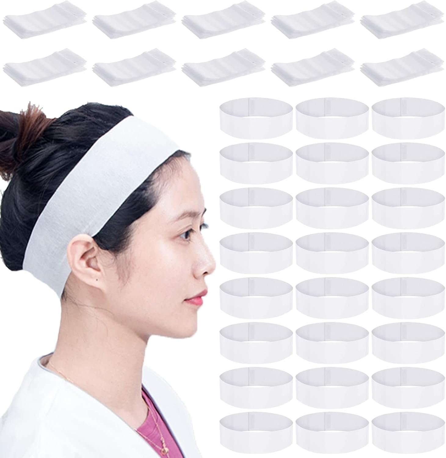 200 Pieces Disposable Spa Facial Headbands Individual Wrapped Elastic Makeup Headband with Adjustable Stretch Non-Woven Soft Skin Care Hair Band with Convenient Closure for Women - Image 1