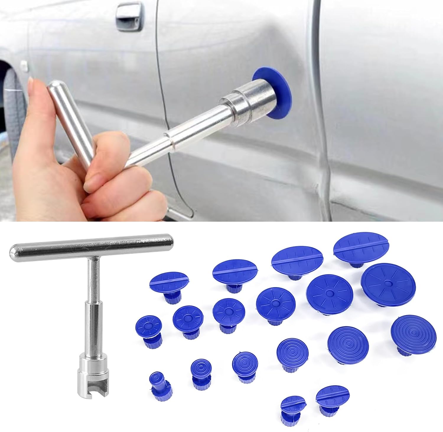 Car Dent Remover Puller Kit, Paintless Dent Repair Tool, Car Body Dent Small Hail Dent Remover Set with Aluminum T Slide Hammer and 18PCS Suction Cup for Car, Metal, Glass, Screen and Tiles - Image 1
