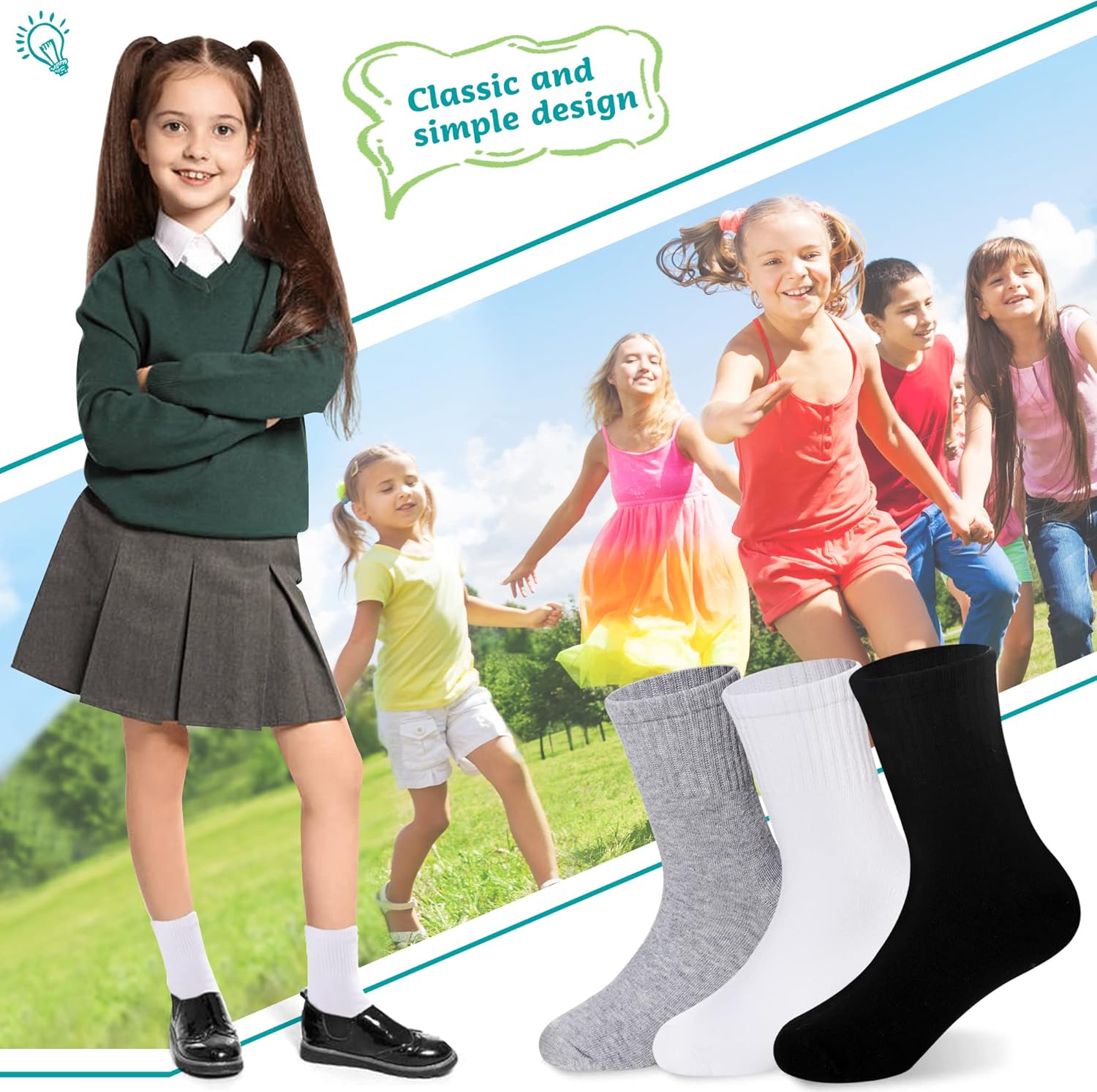 Kids Athletic Crew Socks Boys Girls Cotton School Uniform Casual Basic Socks 6 Pairs - Image 2