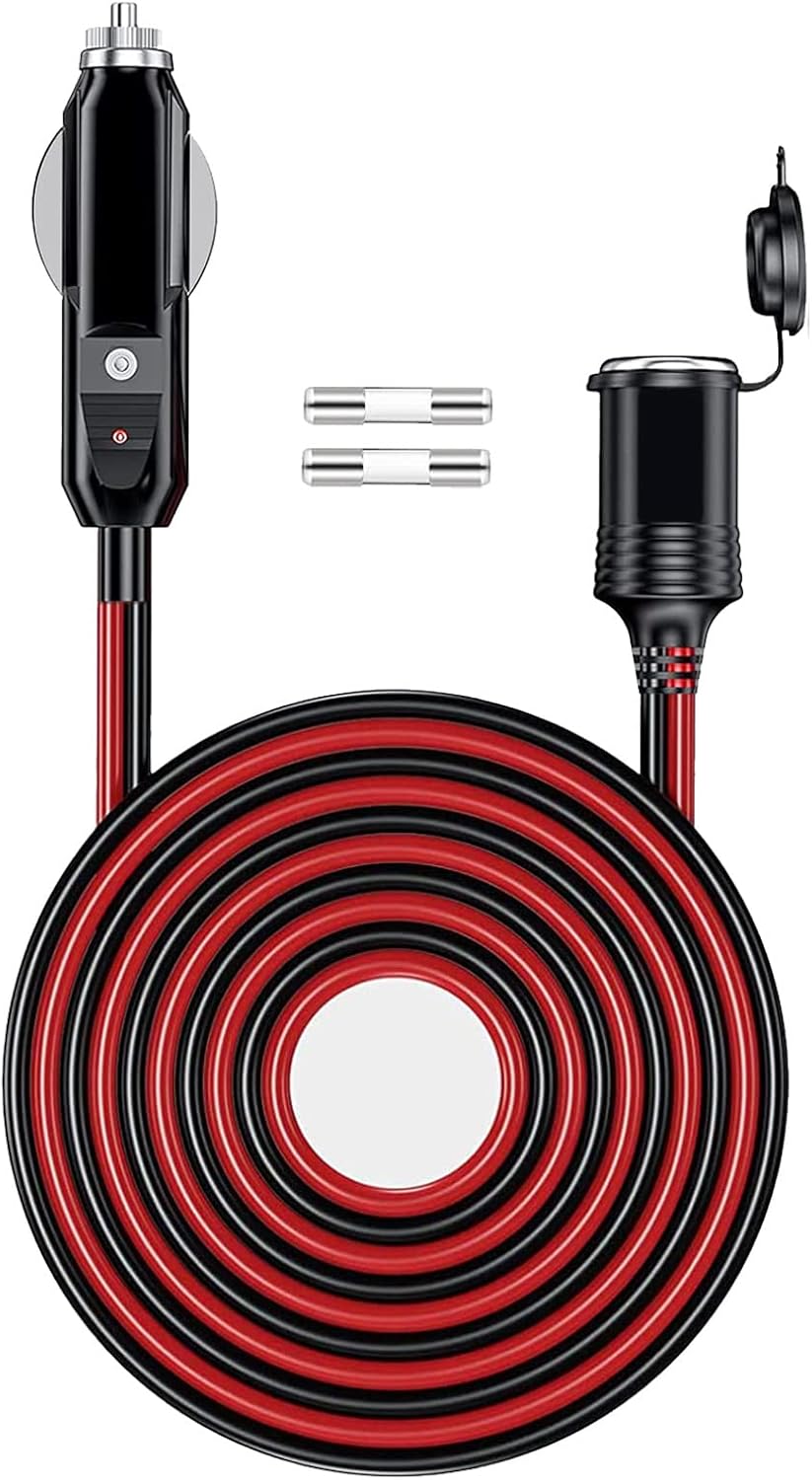 12V/24V 16AWG Heavy Duty Cigarette Lighter Extension Cable 13FT, 156W/15A Male Plug to Female Socket Adapter Extension Cord with LED Lights (Built-in 15A Fuse & 2 * 15A Spare Fuse) - Image 1