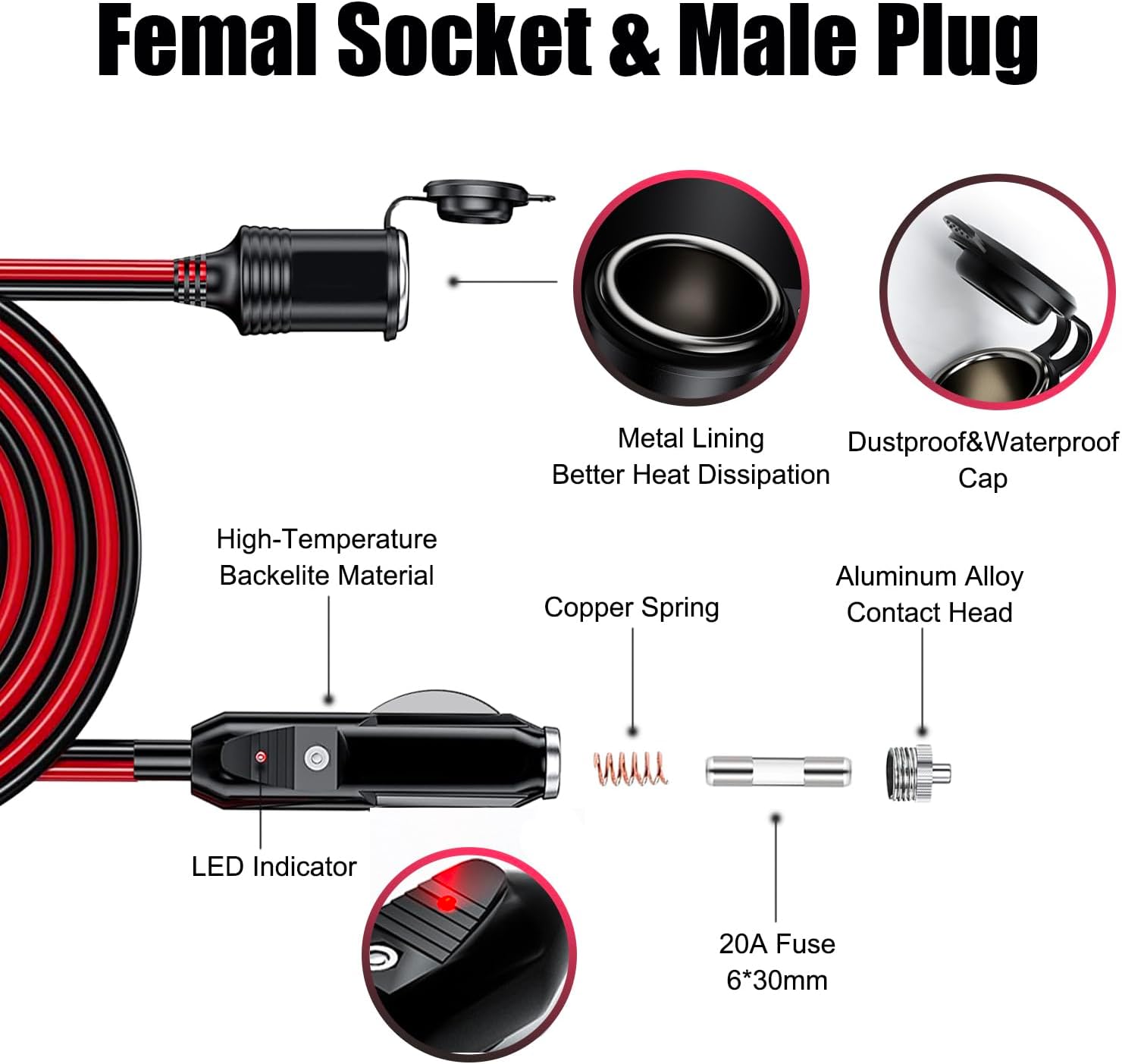 12V/24V 16AWG Heavy Duty Cigarette Lighter Extension Cable 13FT, 156W/15A Male Plug to Female Socket Adapter Extension Cord with LED Lights (Built-in 15A Fuse & 2 * 15A Spare Fuse) - Image 5