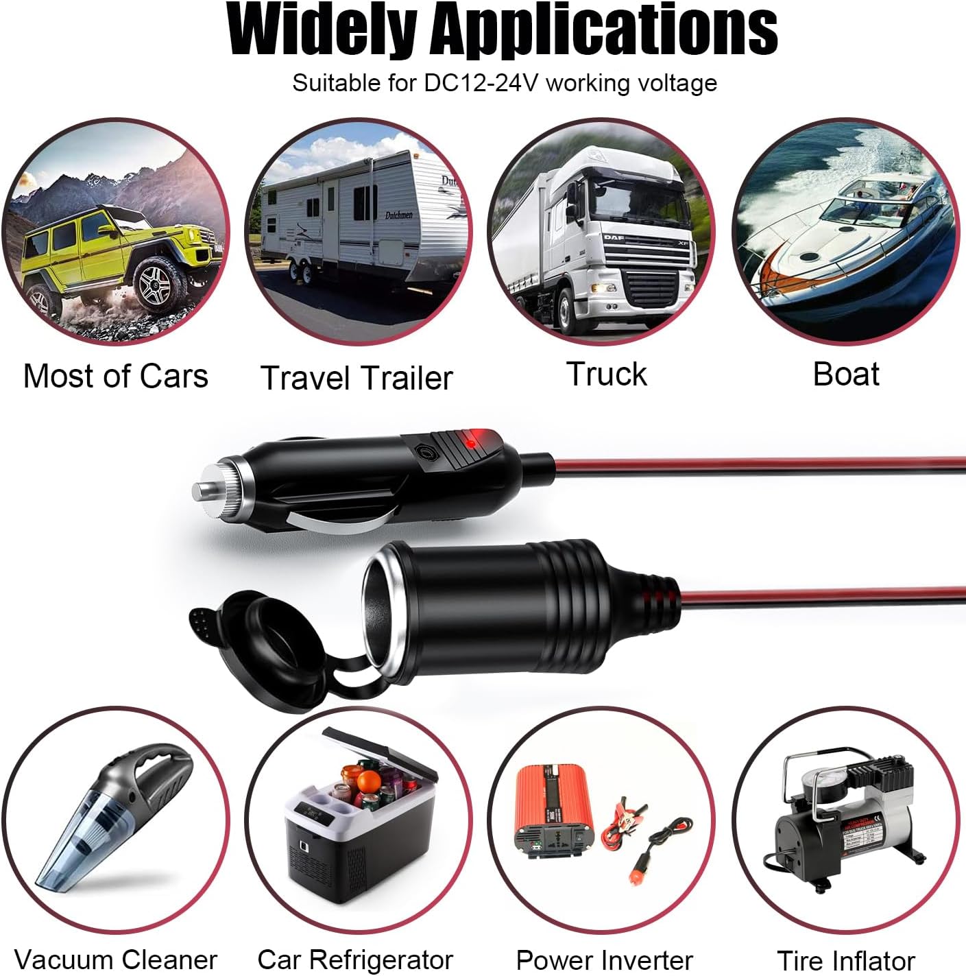12V/24V 16AWG Heavy Duty Cigarette Lighter Extension Cable 13FT, 156W/15A Male Plug to Female Socket Adapter Extension Cord with LED Lights (Built-in 15A Fuse & 2 * 15A Spare Fuse) - Image 6