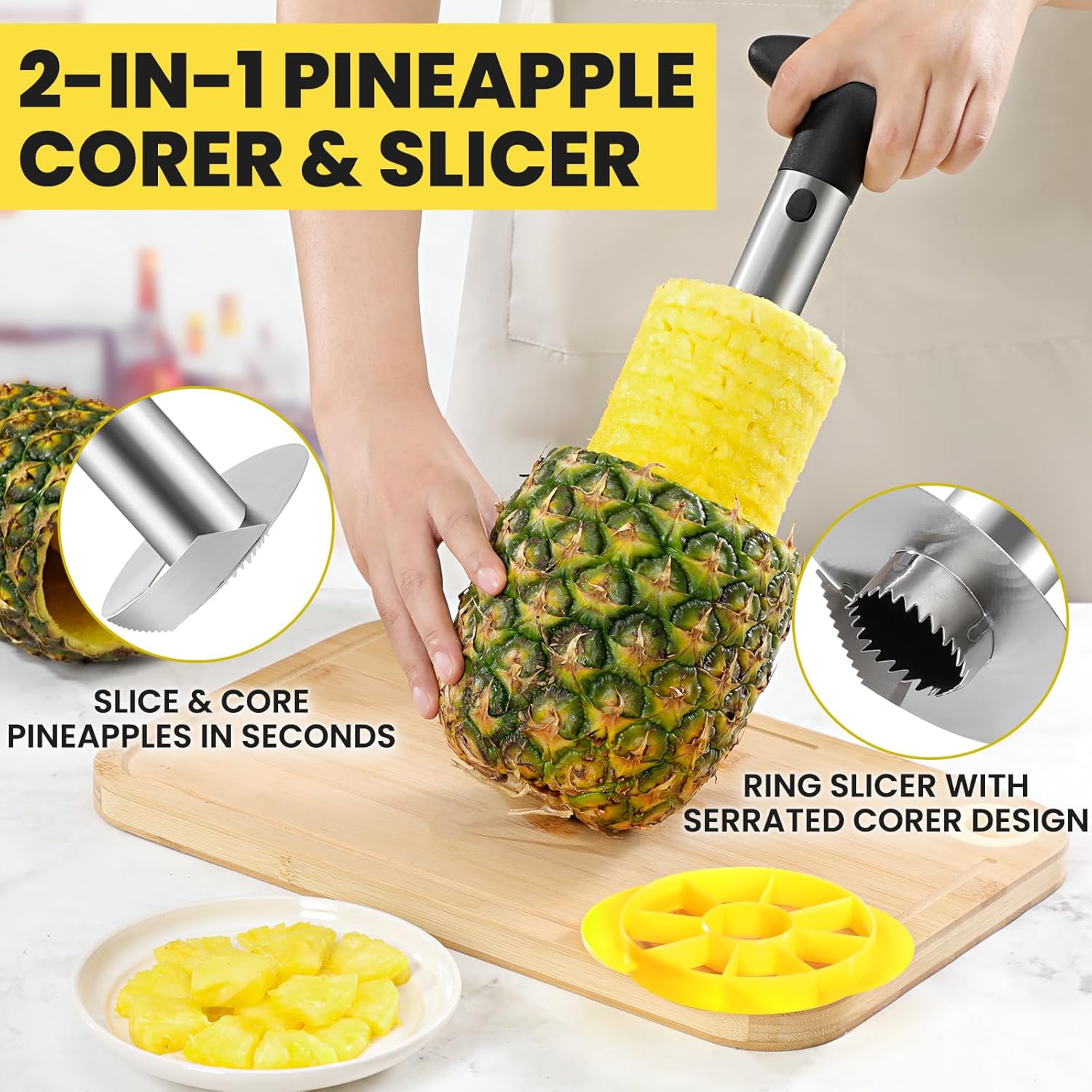 Premium Pineapple Corer and Slicer Tool - Pineapple Cutter with Sharp Serrated Tips - Easy to Use & Clean - Stainless Steel Core Remover for Pineapple - Slice and Core Fruits with Ease(Black) - Image 2