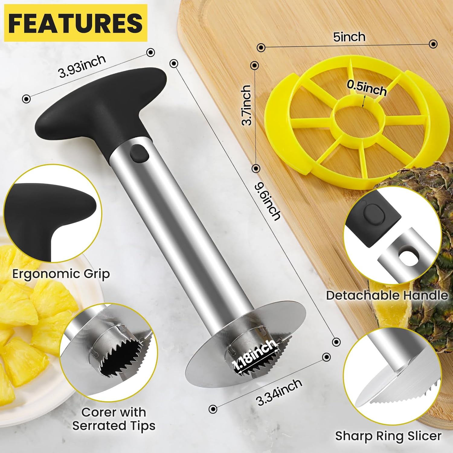 Premium Pineapple Corer and Slicer Tool - Pineapple Cutter with Sharp Serrated Tips - Easy to Use & Clean - Stainless Steel Core Remover for Pineapple - Slice and Core Fruits with Ease(Black) - Image 4