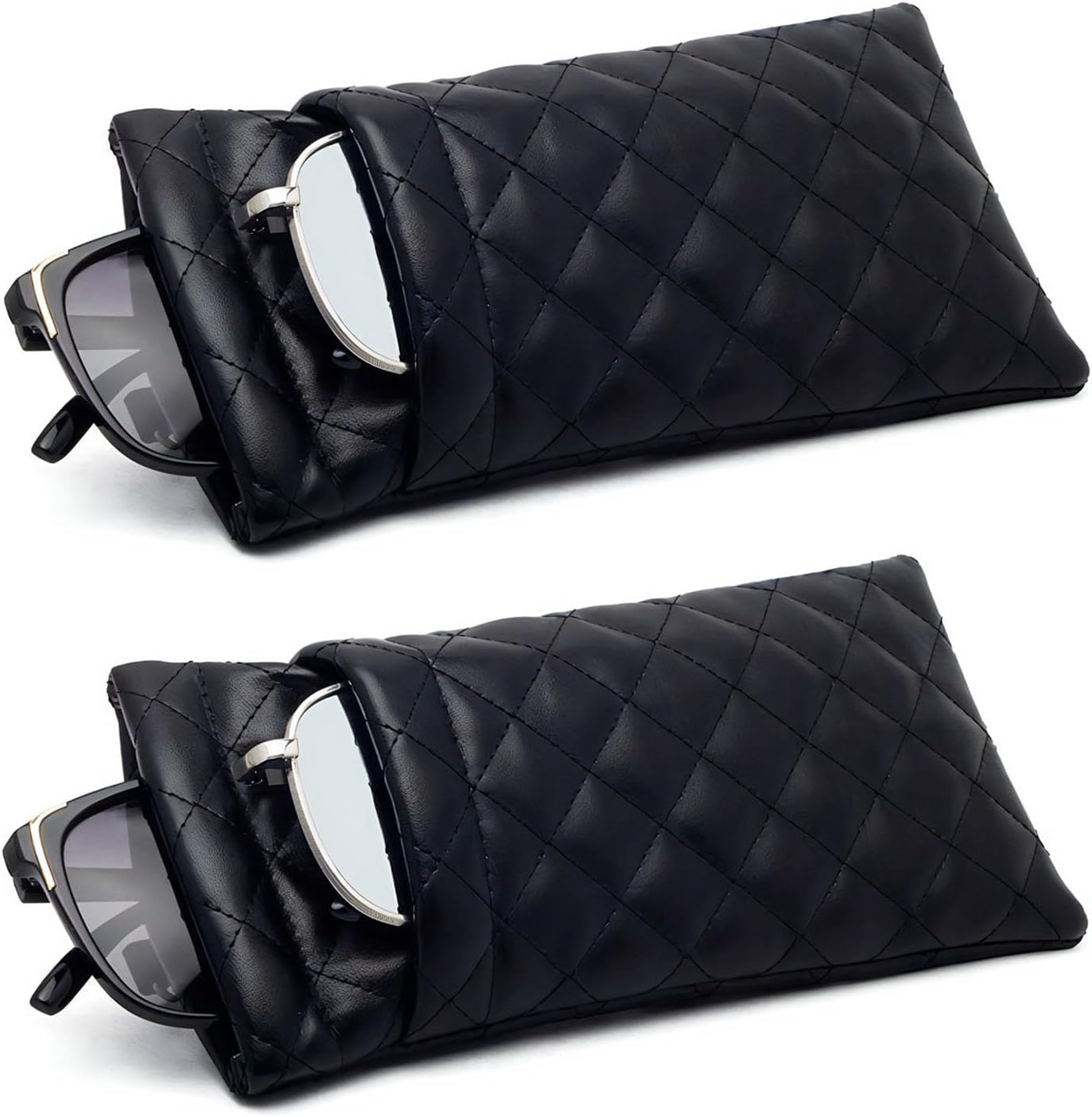 2 Pcs Double Glasses Case, PU Leather Double Eyeglass Case Large Squeeze Top Portable Sunglass Case For Women Men - Image 1