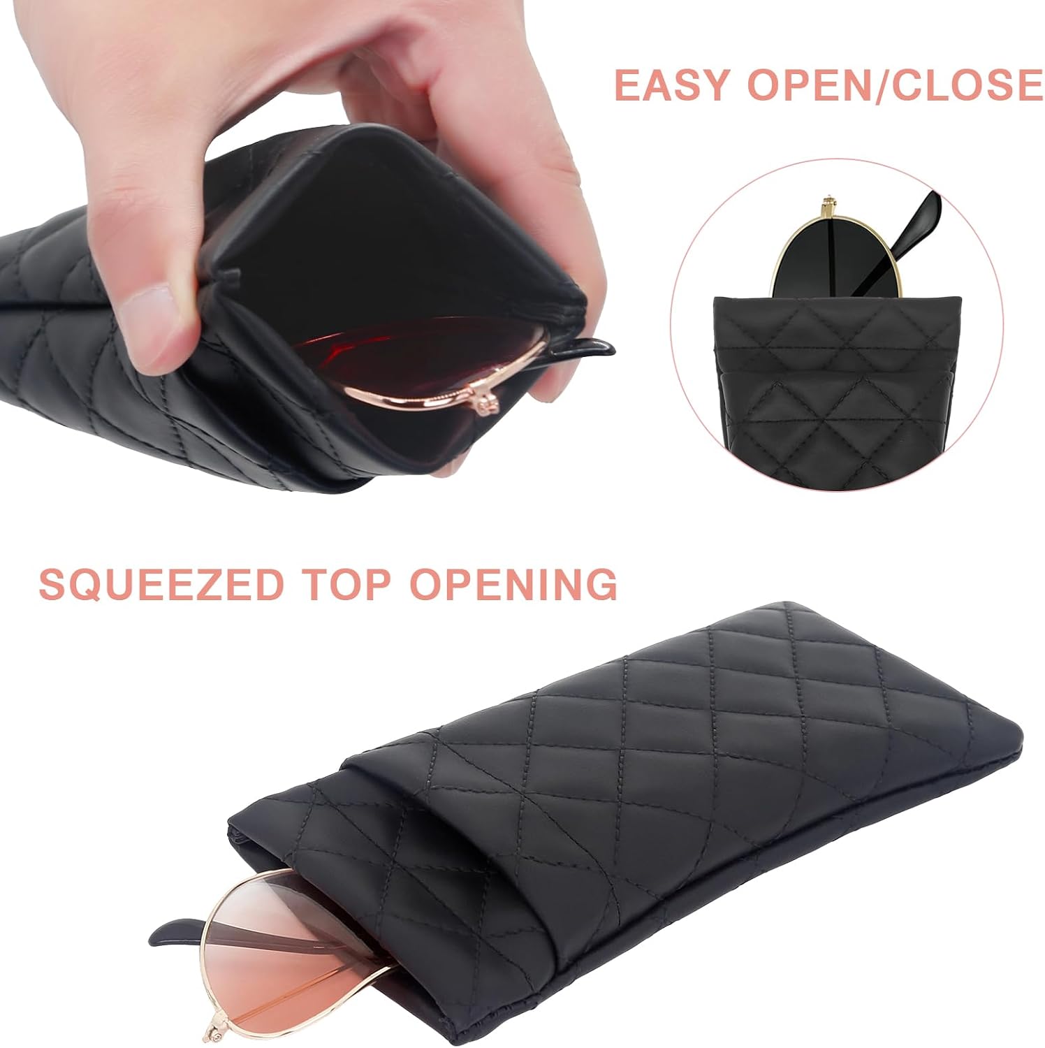 2 Pcs Double Glasses Case, PU Leather Double Eyeglass Case Large Squeeze Top Portable Sunglass Case For Women Men - Image 2