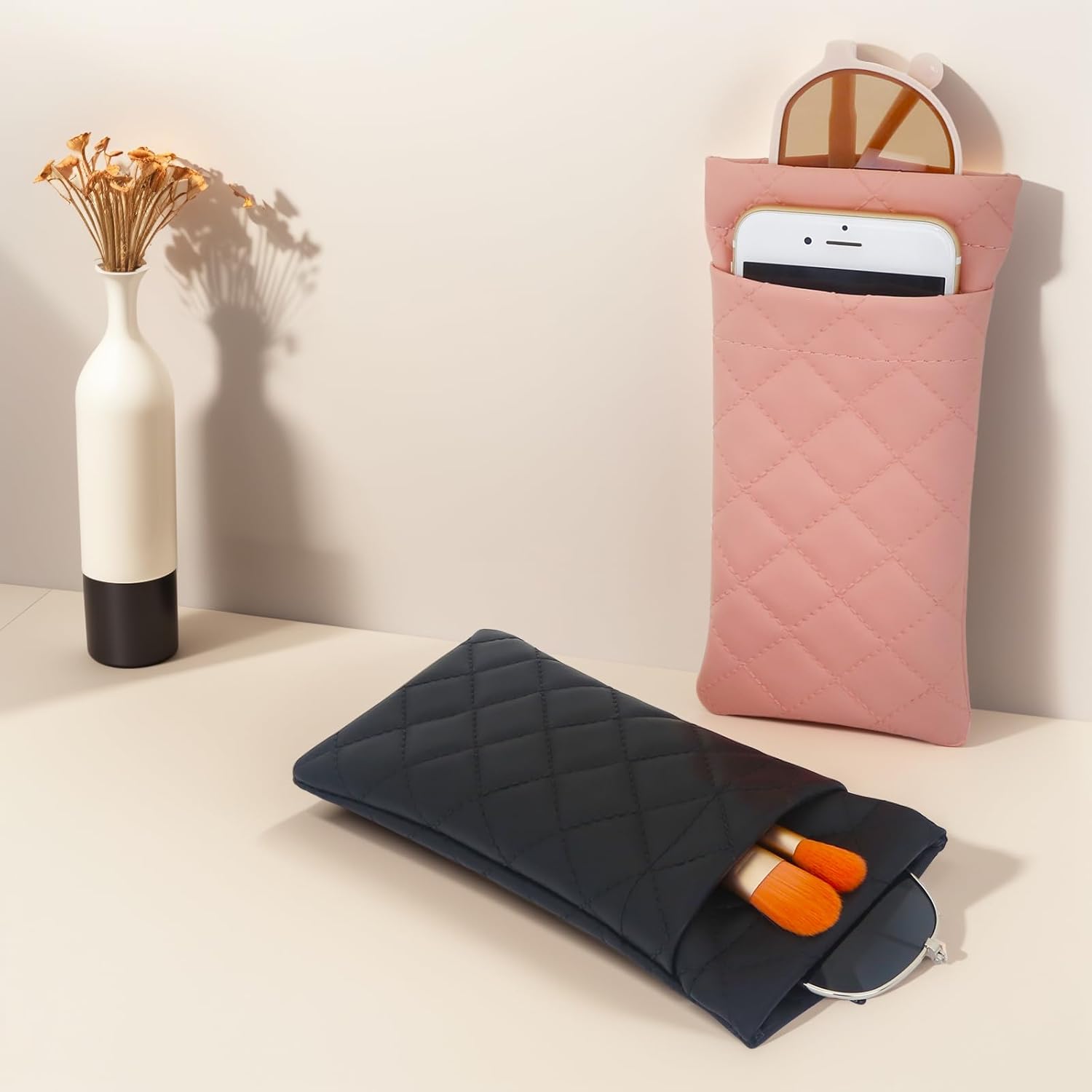 2 Pcs Double Glasses Case, PU Leather Double Eyeglass Case Large Squeeze Top Portable Sunglass Case For Women Men - Image 3