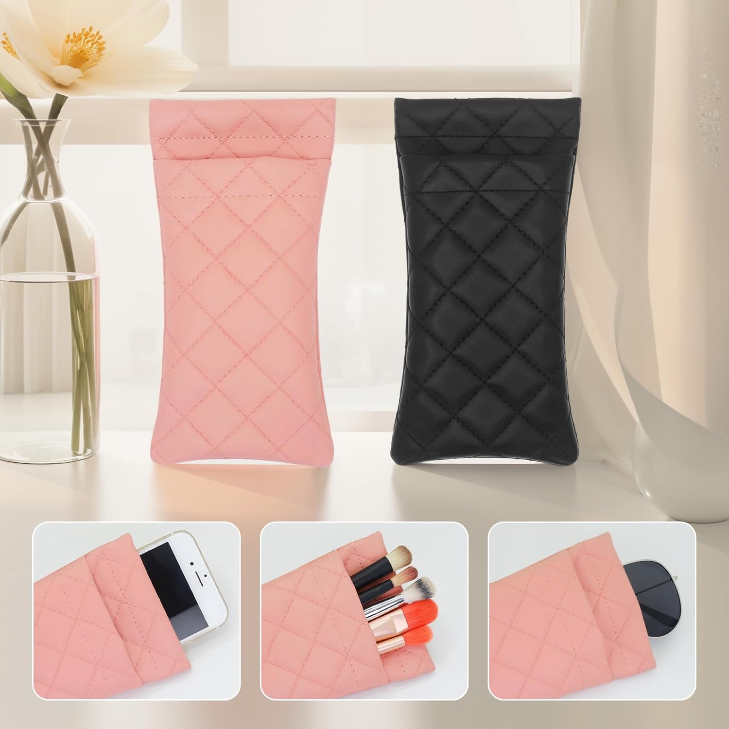 2 Pcs Double Glasses Case, PU Leather Double Eyeglass Case Large Squeeze Top Portable Sunglass Case For Women Men - Image 5