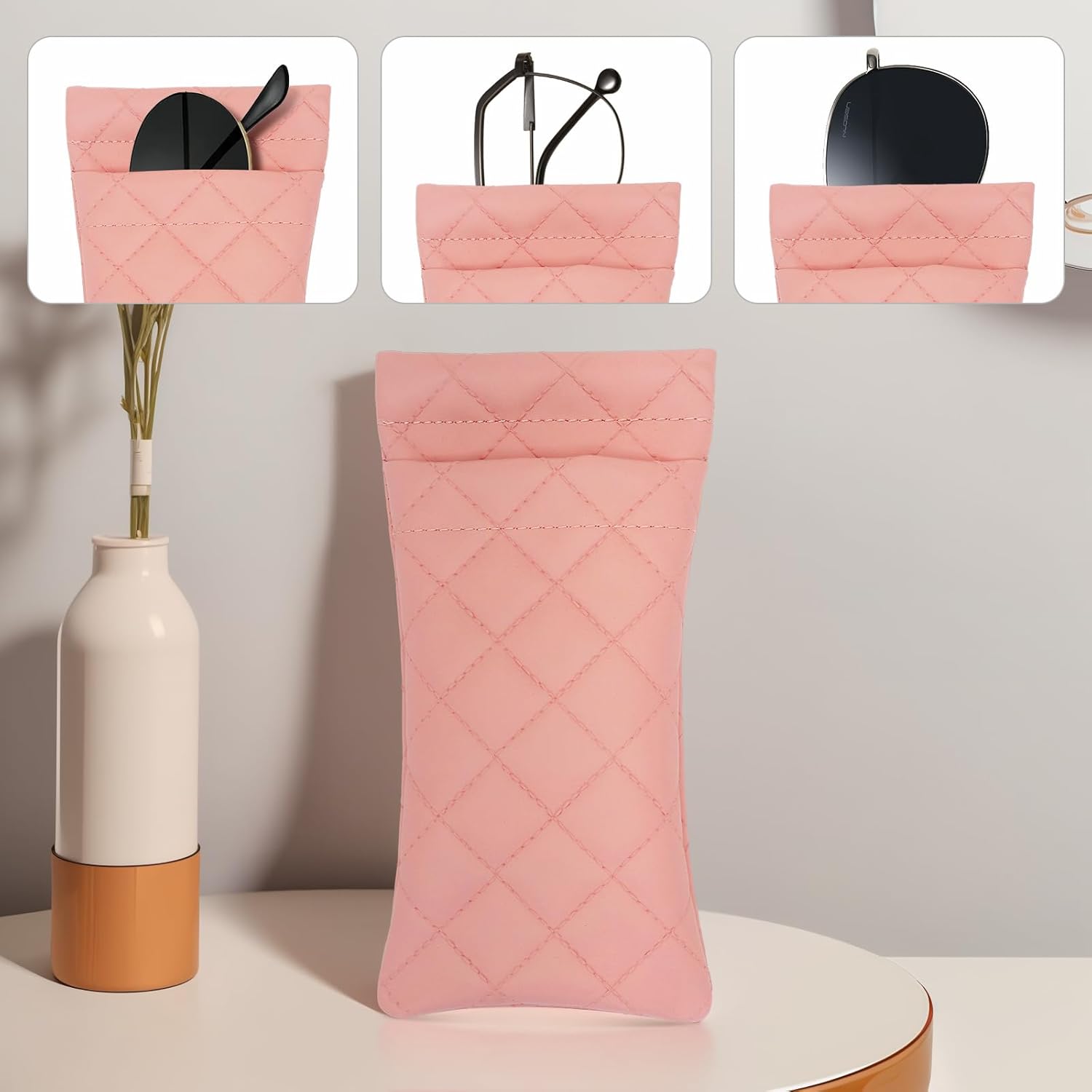 2 Pcs Double Glasses Case, PU Leather Double Eyeglass Case Large Squeeze Top Portable Sunglass Case For Women Men - Image 6