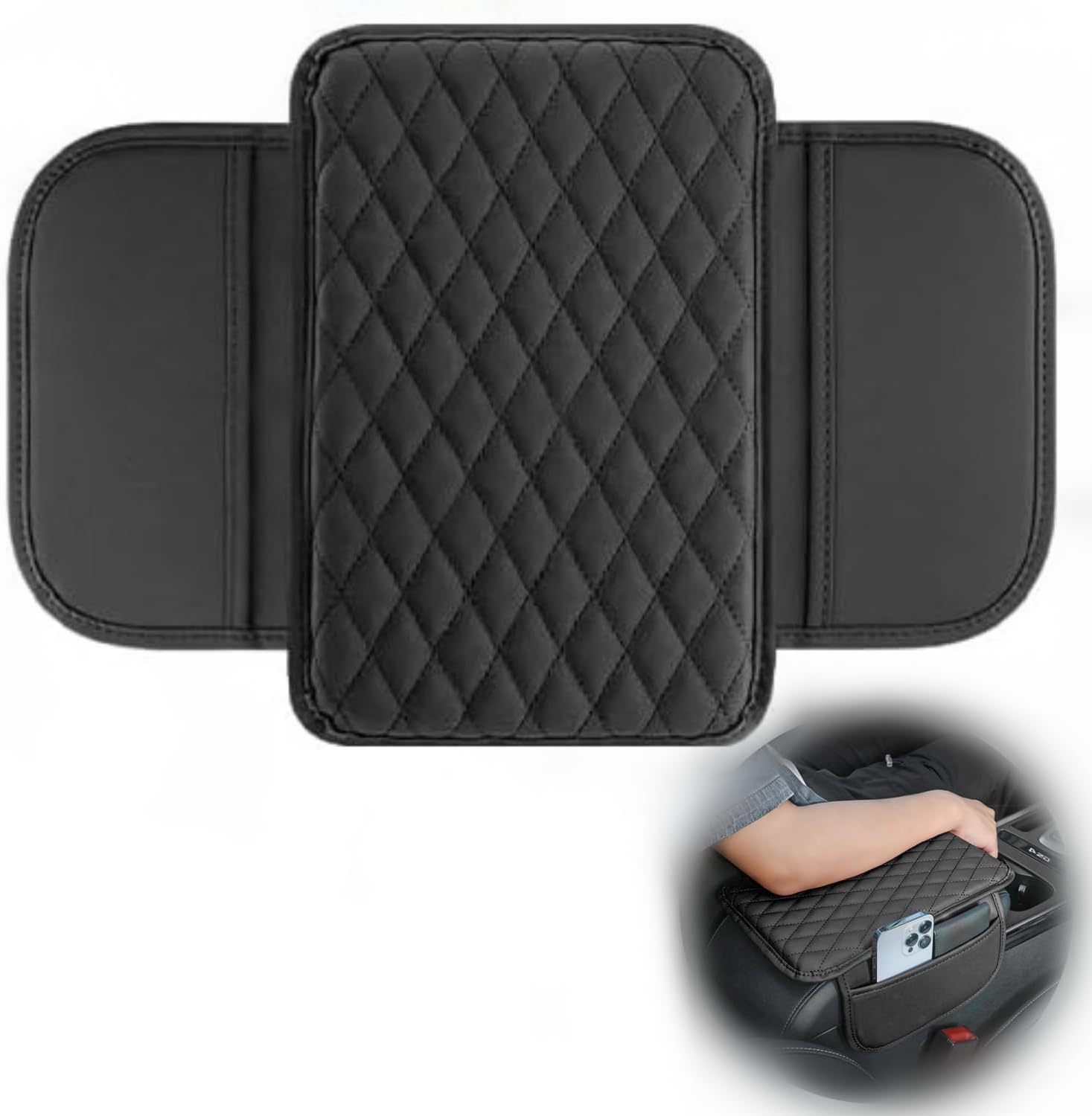 Thin Car Center Console Cover,Leather+Memory Foam Car Armrest Cover with 2 Storage Bags,Universal Car Storage Organizer Car Accessories Interior for Most Cars Trucks SUVs (Black) - Image 1