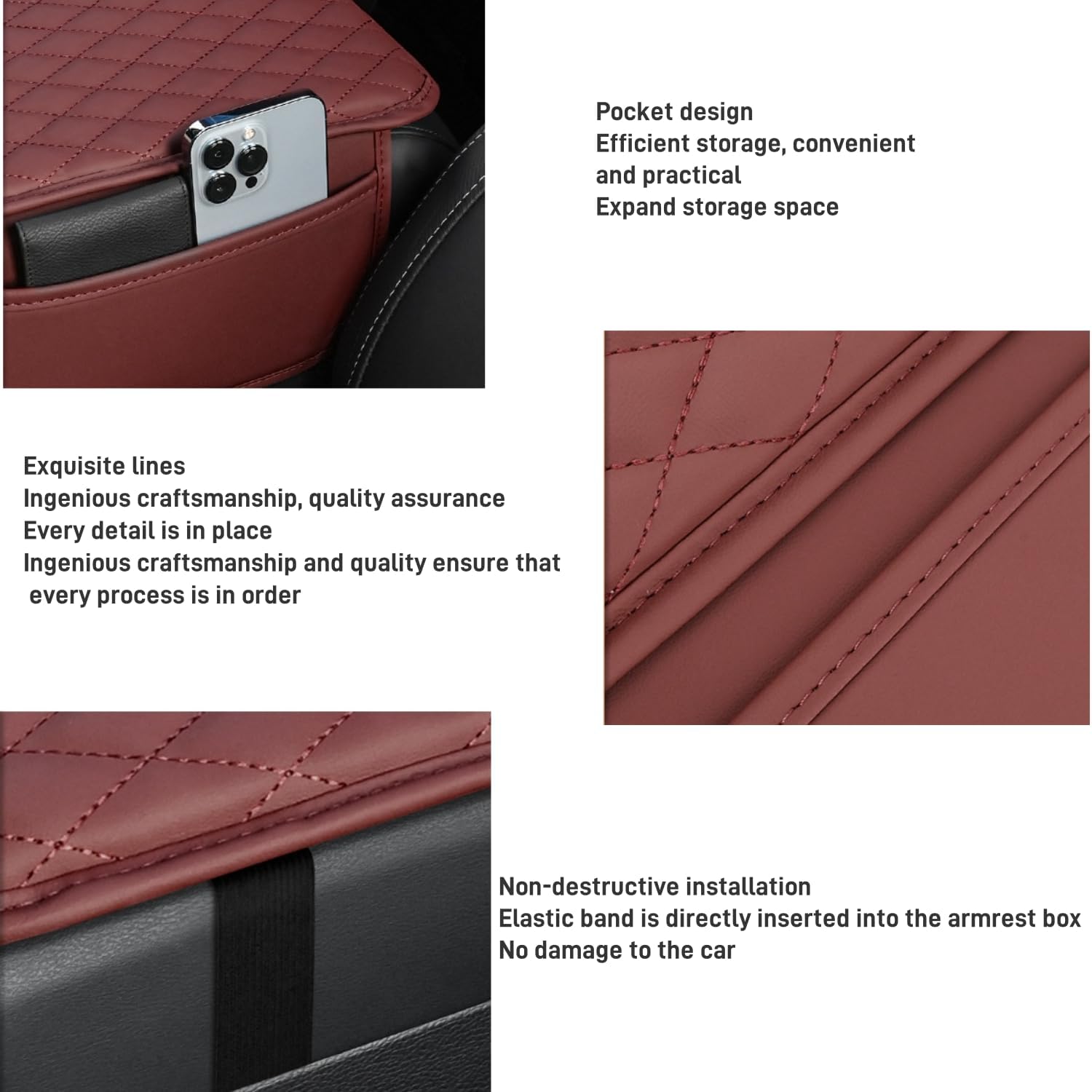 Thin Car Center Console Cover,Leather+Memory Foam Car Armrest Cover with 2 Storage Bags,Universal Car Storage Organizer Car Accessories Interior for Most Cars Trucks SUVs (Black) - Image 3