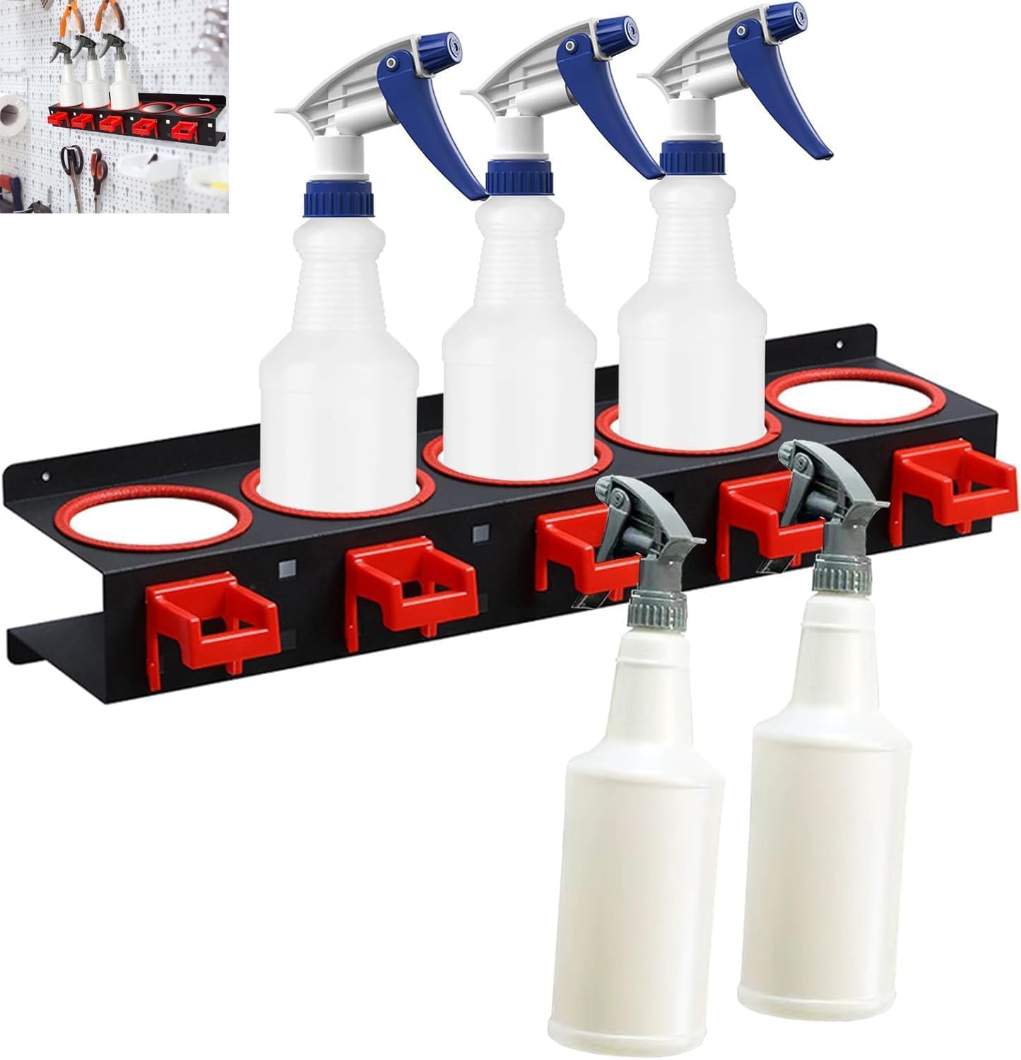 Spray Bottle Storage Rack, Wall-Mounted Spray Bottle Rack Holder, Garage Organizer Hanging Rail Car Beauty Shop Accessory Display Cleaning Detailing Tools Hanger with 5 Plastic Hanging Hooks - Image 1