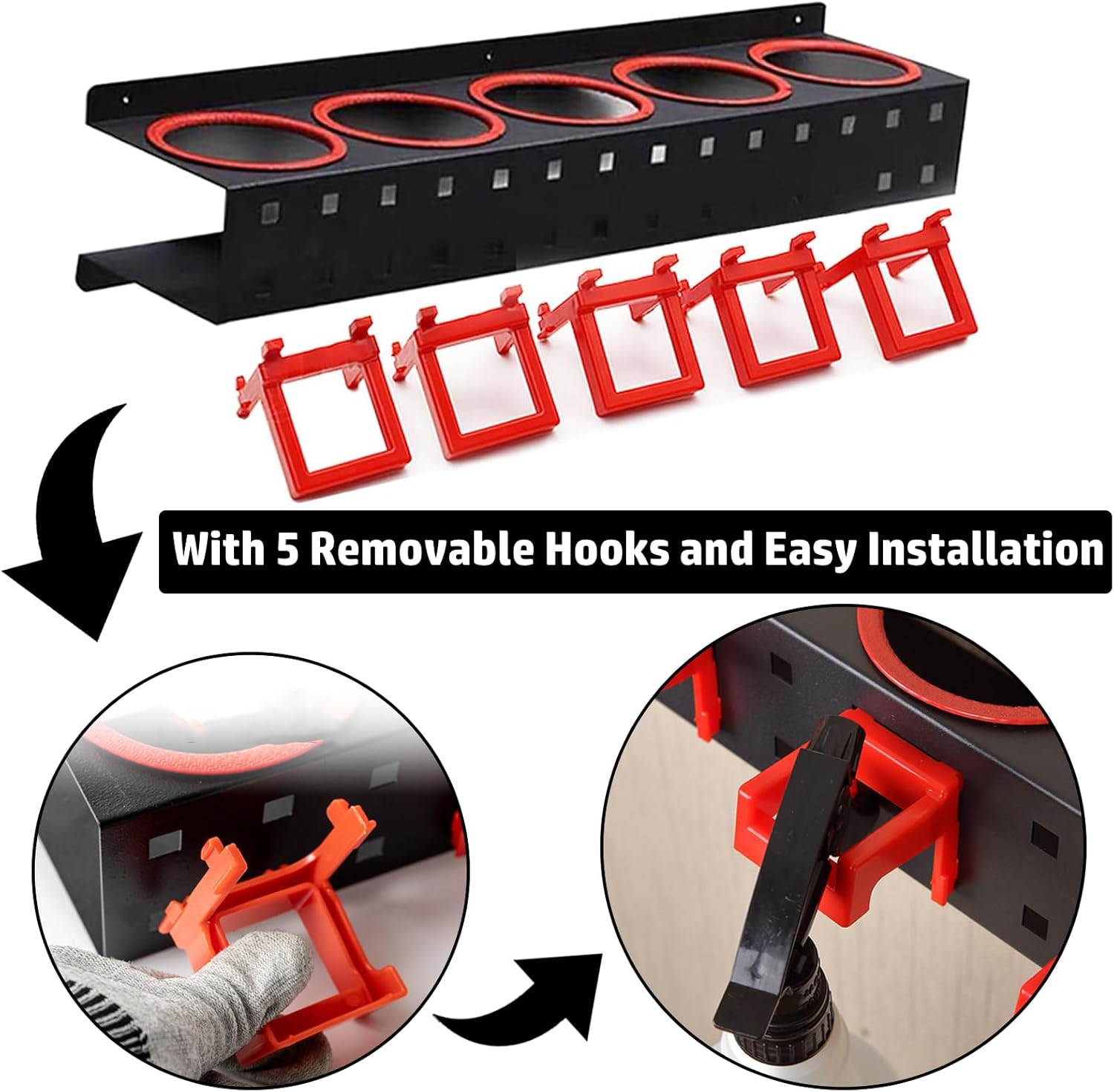 Spray Bottle Storage Rack, Wall-Mounted Spray Bottle Rack Holder, Garage Organizer Hanging Rail Car Beauty Shop Accessory Display Cleaning Detailing Tools Hanger with 5 Plastic Hanging Hooks - Image 4