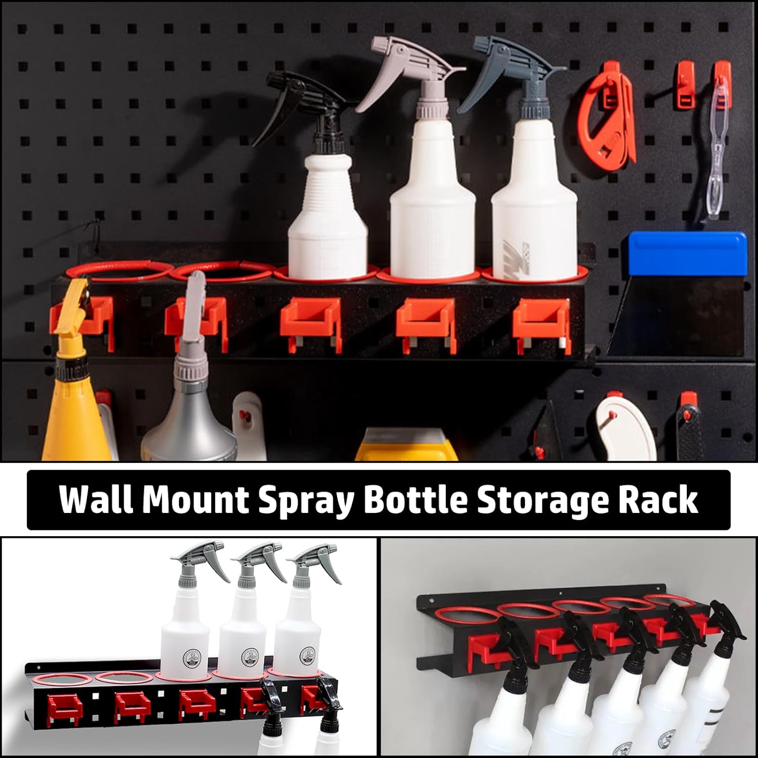 Spray Bottle Storage Rack, Wall-Mounted Spray Bottle Rack Holder, Garage Organizer Hanging Rail Car Beauty Shop Accessory Display Cleaning Detailing Tools Hanger with 5 Plastic Hanging Hooks - Image 5