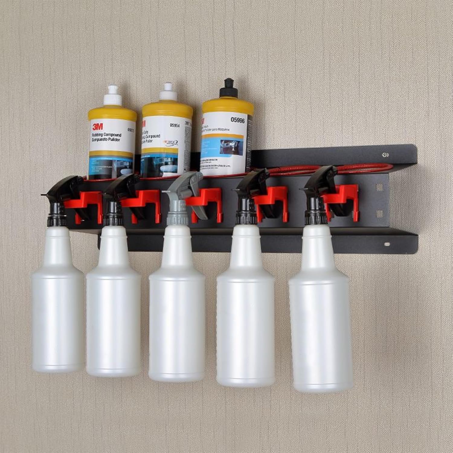 Spray Bottle Storage Rack, Wall-Mounted Spray Bottle Rack Holder, Garage Organizer Hanging Rail Car Beauty Shop Accessory Display Cleaning Detailing Tools Hanger with 5 Plastic Hanging Hooks - Image 6