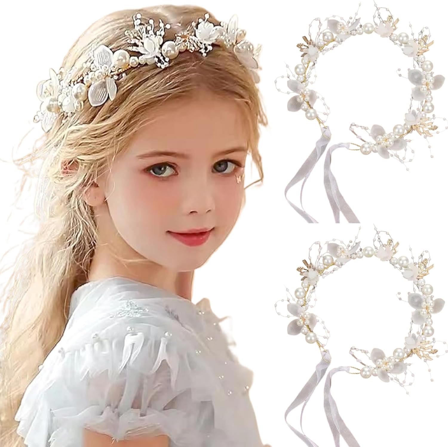 2PCS Flower Girl Headpiece, 15.8 Inch Metal Pearl Headband with Ribbon, Flower Girl Hair Accessory for Birthday, Party, First Communion, Wedding - Image 1