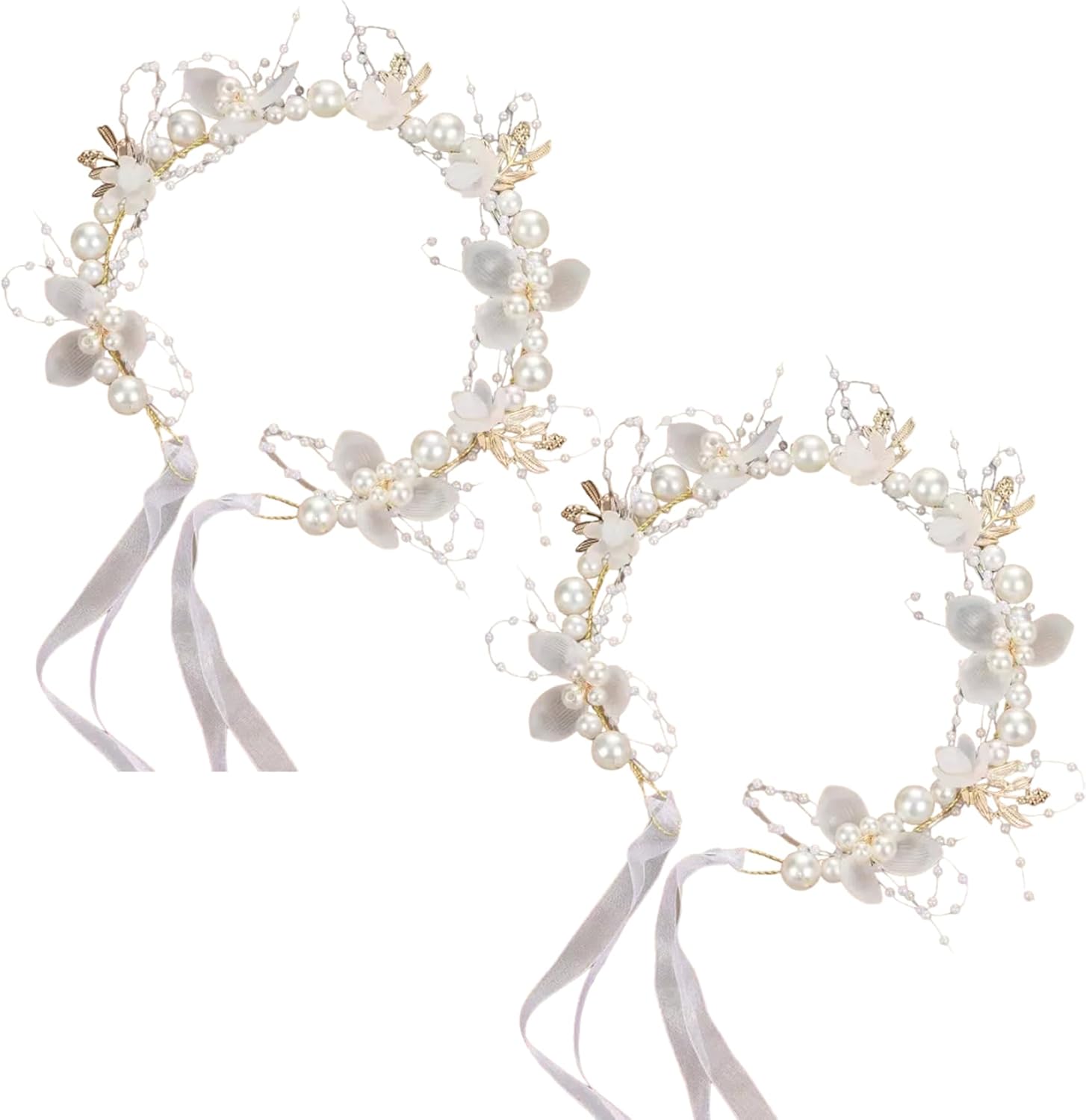 2PCS Flower Girl Headpiece, 15.8 Inch Metal Pearl Headband with Ribbon, Flower Girl Hair Accessory for Birthday, Party, First Communion, Wedding - Image 2