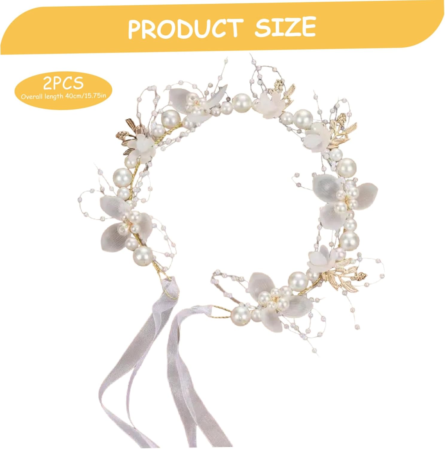 2PCS Flower Girl Headpiece, 15.8 Inch Metal Pearl Headband with Ribbon, Flower Girl Hair Accessory for Birthday, Party, First Communion, Wedding - Image 3