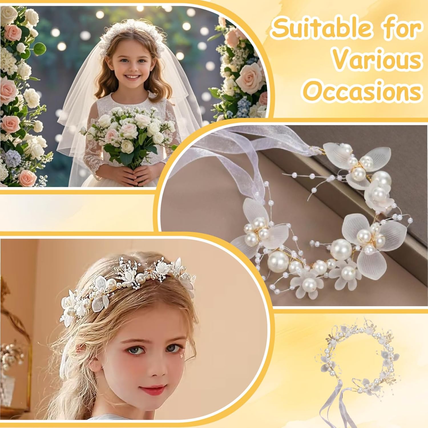 2PCS Flower Girl Headpiece, 15.8 Inch Metal Pearl Headband with Ribbon, Flower Girl Hair Accessory for Birthday, Party, First Communion, Wedding - Image 4