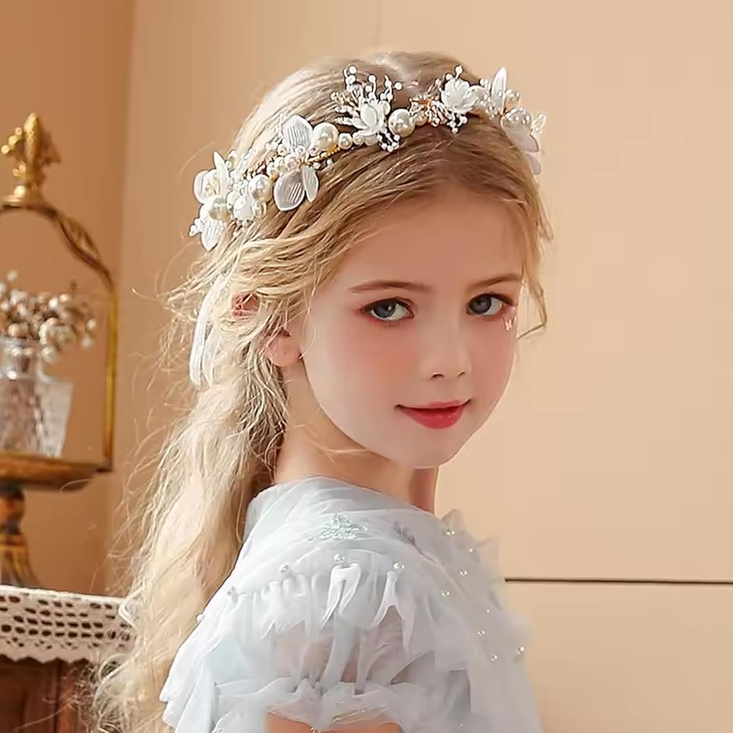 2PCS Flower Girl Headpiece, 15.8 Inch Metal Pearl Headband with Ribbon, Flower Girl Hair Accessory for Birthday, Party, First Communion, Wedding - Image 5