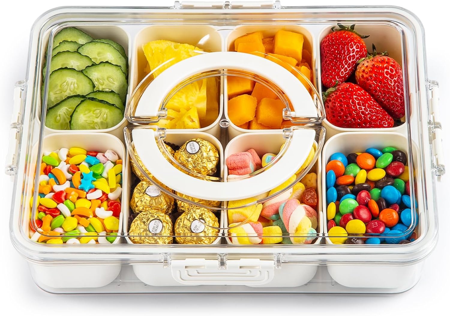 Snackle Box Container,Divided Clear Snack Box Serving Tray with Lid and Handle,8 Compartments Snack Tray,Portable Travel Snack Container,Perfect for Party, Travel, & Picniccnic（1 Pack） - Image 1