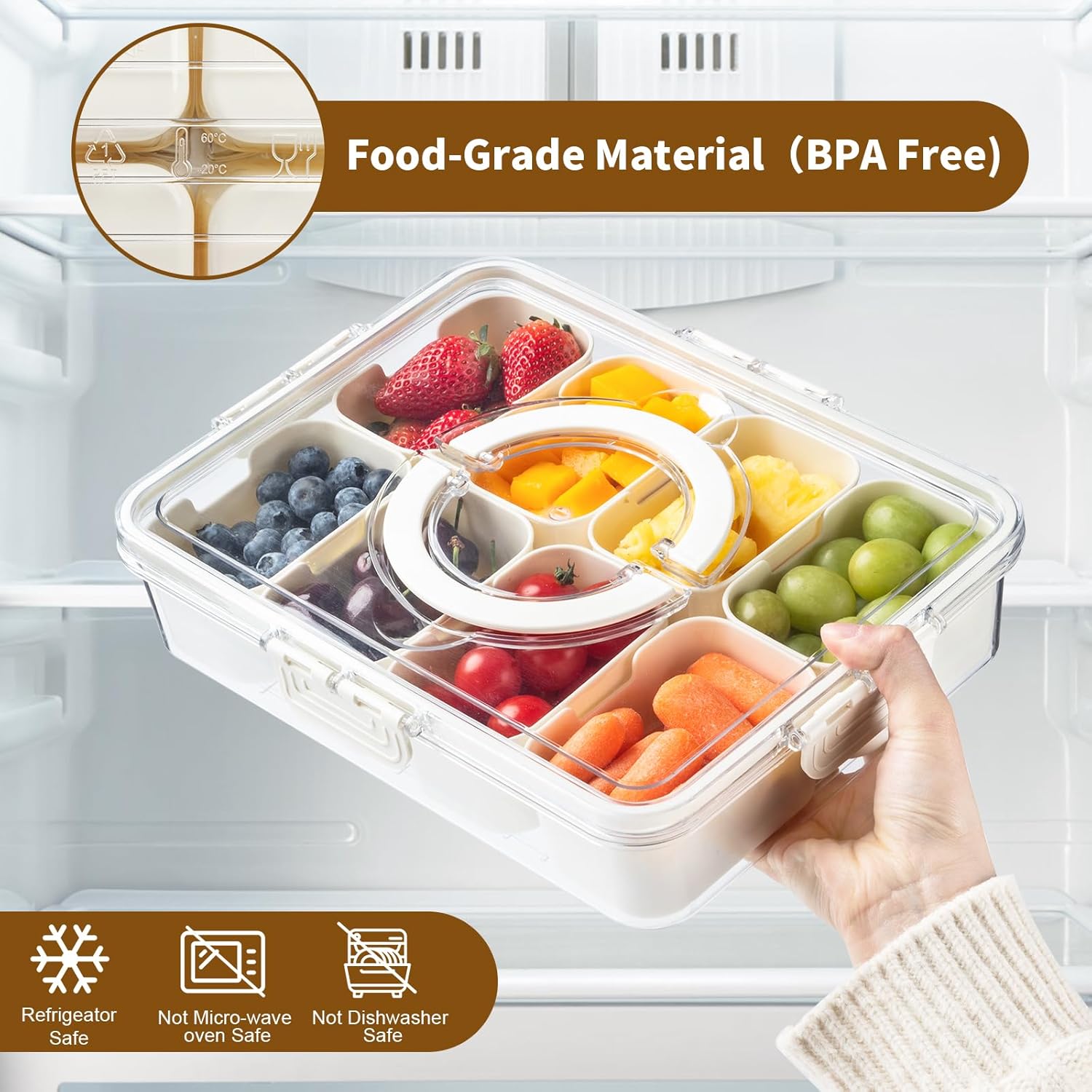 Snackle Box Container,Divided Clear Snack Box Serving Tray with Lid and Handle,8 Compartments Snack Tray,Portable Travel Snack Container,Perfect for Party, Travel, & Picniccnic（1 Pack） - Image 3