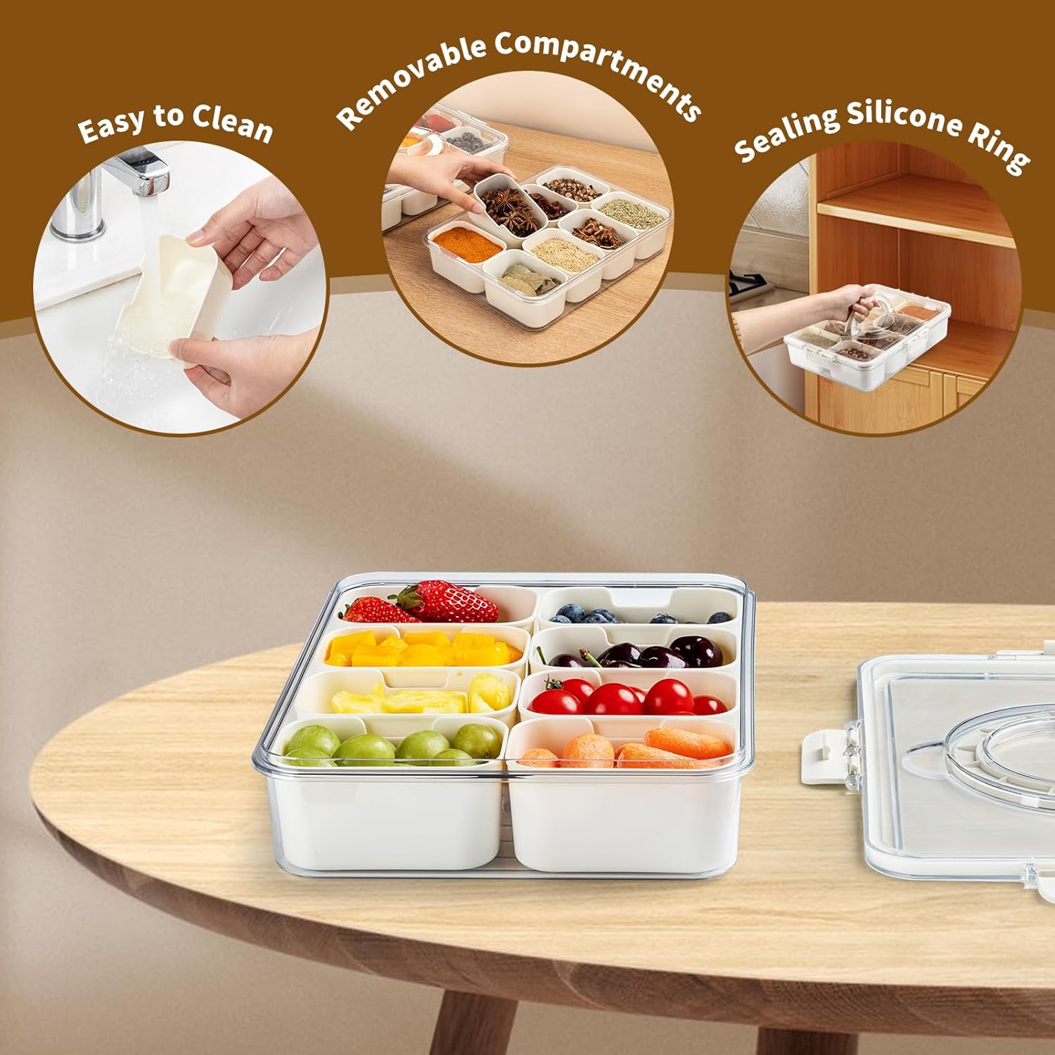 Snackle Box Container,Divided Clear Snack Box Serving Tray with Lid and Handle,8 Compartments Snack Tray,Portable Travel Snack Container,Perfect for Party, Travel, & Picniccnic（1 Pack） - Image 5