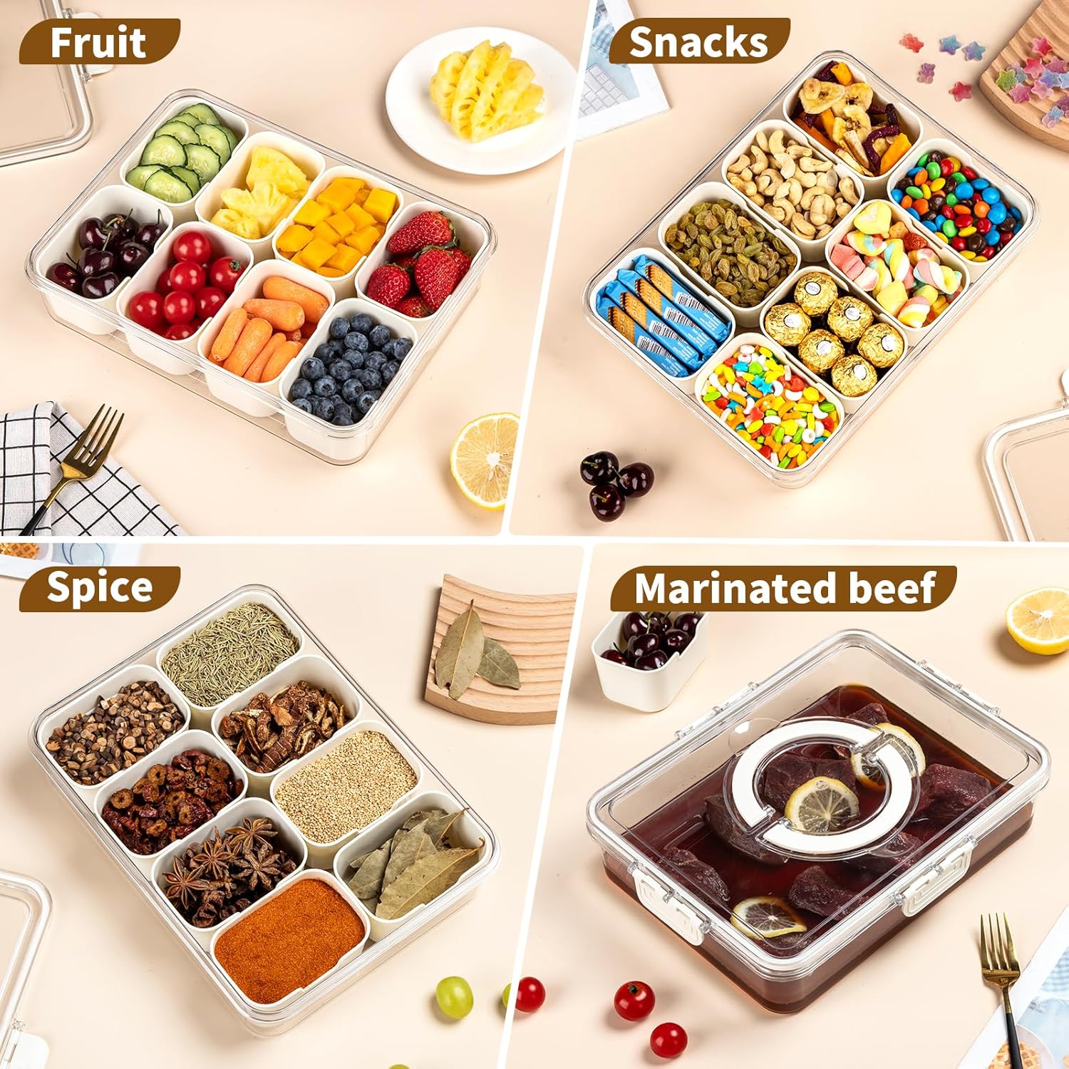 Snackle Box Container,Divided Clear Snack Box Serving Tray with Lid and Handle,8 Compartments Snack Tray,Portable Travel Snack Container,Perfect for Party, Travel, & Picniccnic（1 Pack） - Image 6