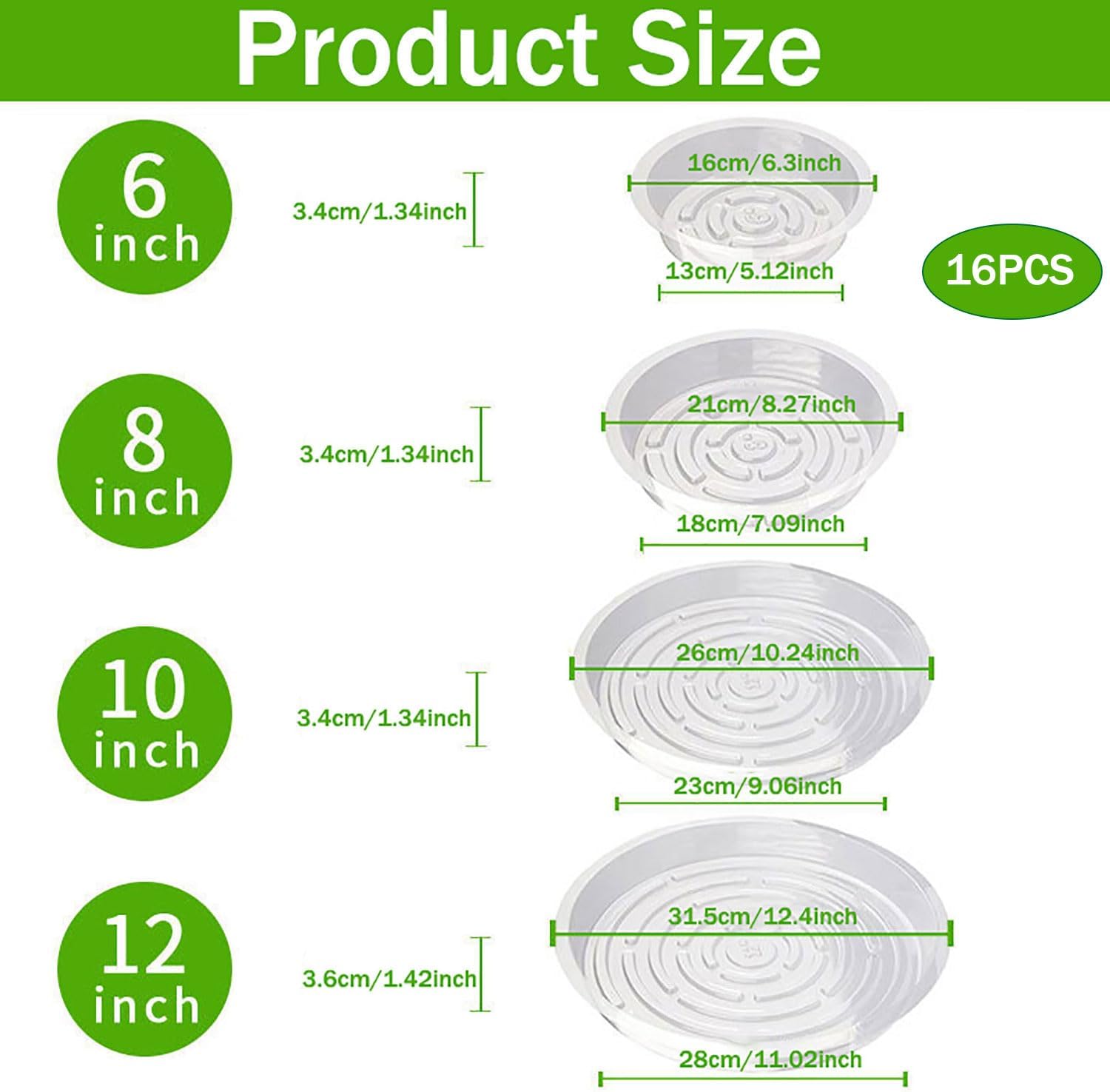16Pcs Plant Saucer, Heavy Duty Clear Plastic Plant Tray, Durable Round Flower Pot Saucer, Large Plant Dishes Saucer, Planter Water Drip Trays for Indoor Outdoor Garden Potted - Image 2