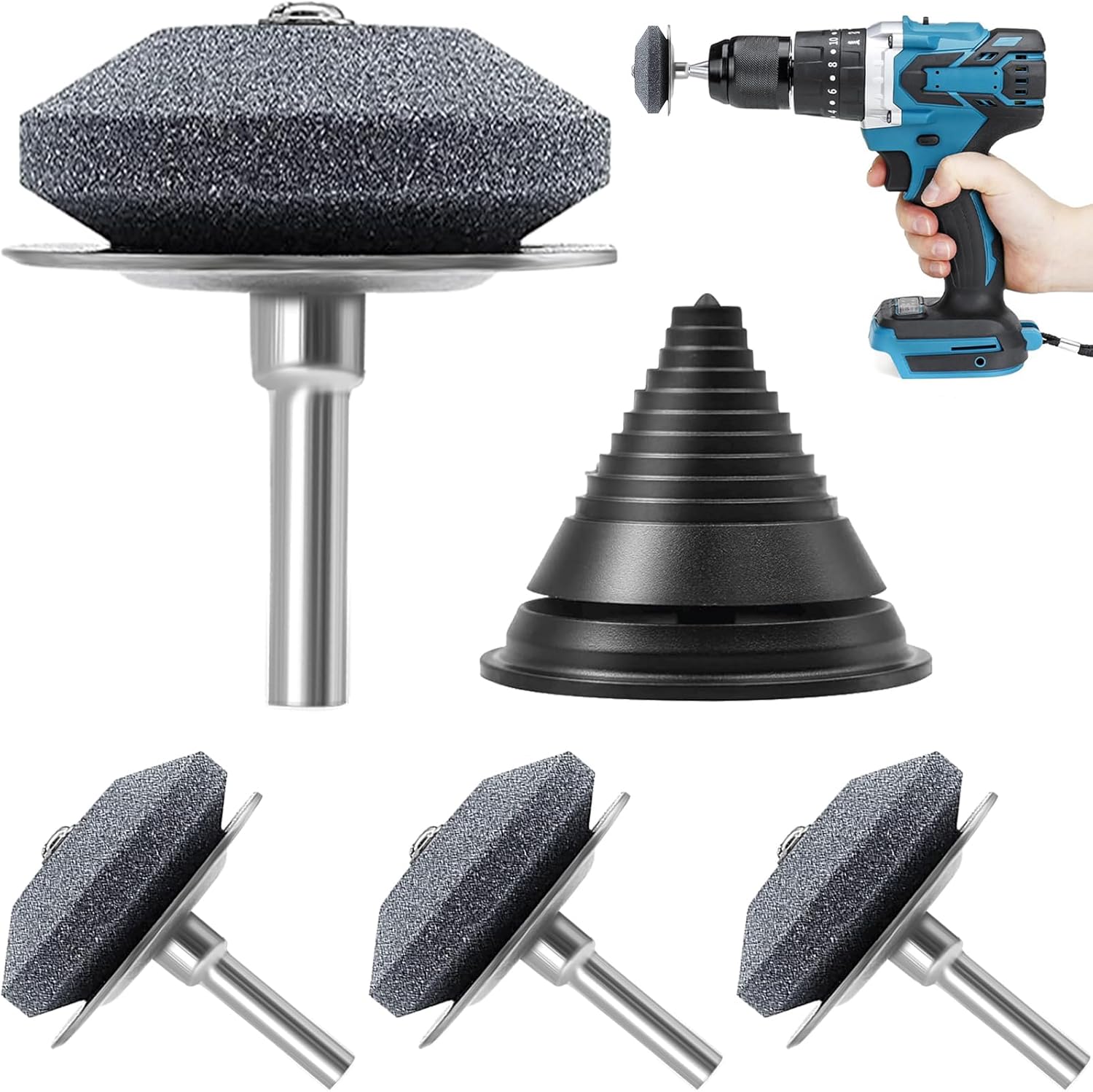 Lawn Mower Blade Sharpener, 4 Pack Mower Blade Sharpener with Steel Backing, Lawnmower Blade Sharpener with Lawn Mower Blade Balancer for Any Power Hand Drill - Image 1