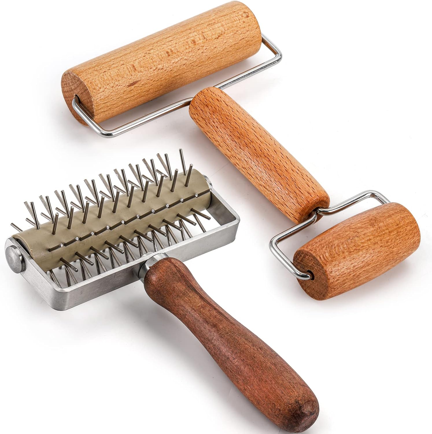 Set of 2 Pizza Dough Roller & Docker, Stainless Steel Hole Maker Puncher, Wooden Rolling Pin for Pizza, Cookie, Pie, Pastry, Bread, Crust - Image 1