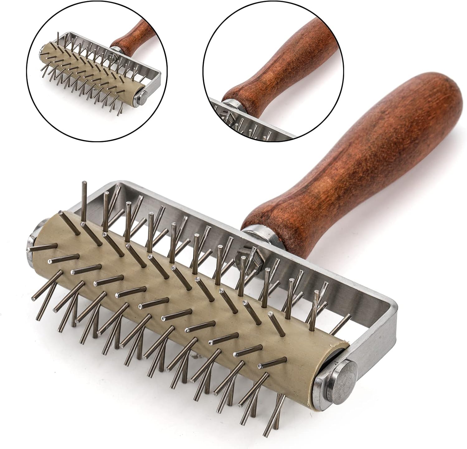 Set of 2 Pizza Dough Roller & Docker, Stainless Steel Hole Maker Puncher, Wooden Rolling Pin for Pizza, Cookie, Pie, Pastry, Bread, Crust - Image 4