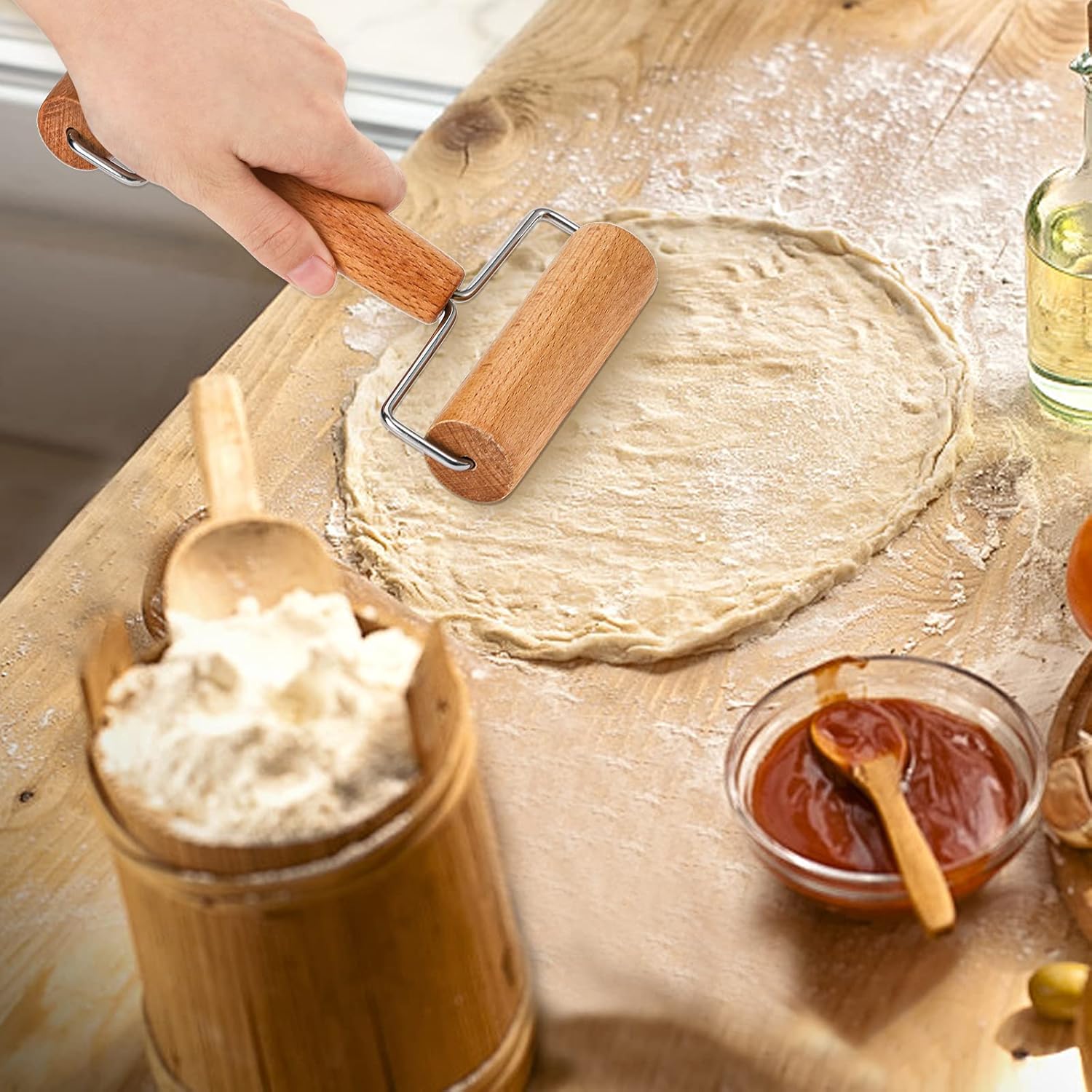 Set of 2 Pizza Dough Roller & Docker, Stainless Steel Hole Maker Puncher, Wooden Rolling Pin for Pizza, Cookie, Pie, Pastry, Bread, Crust - Image 5