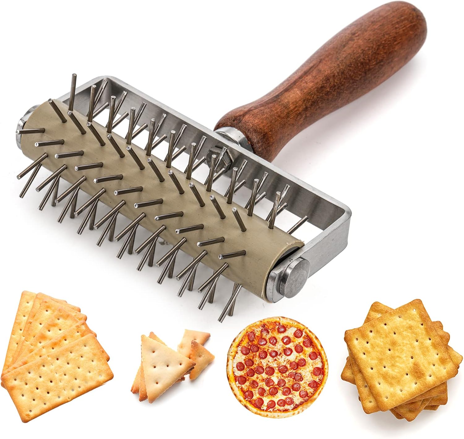 Set of 2 Pizza Dough Roller & Docker, Stainless Steel Hole Maker Puncher, Wooden Rolling Pin for Pizza, Cookie, Pie, Pastry, Bread, Crust - Image 6