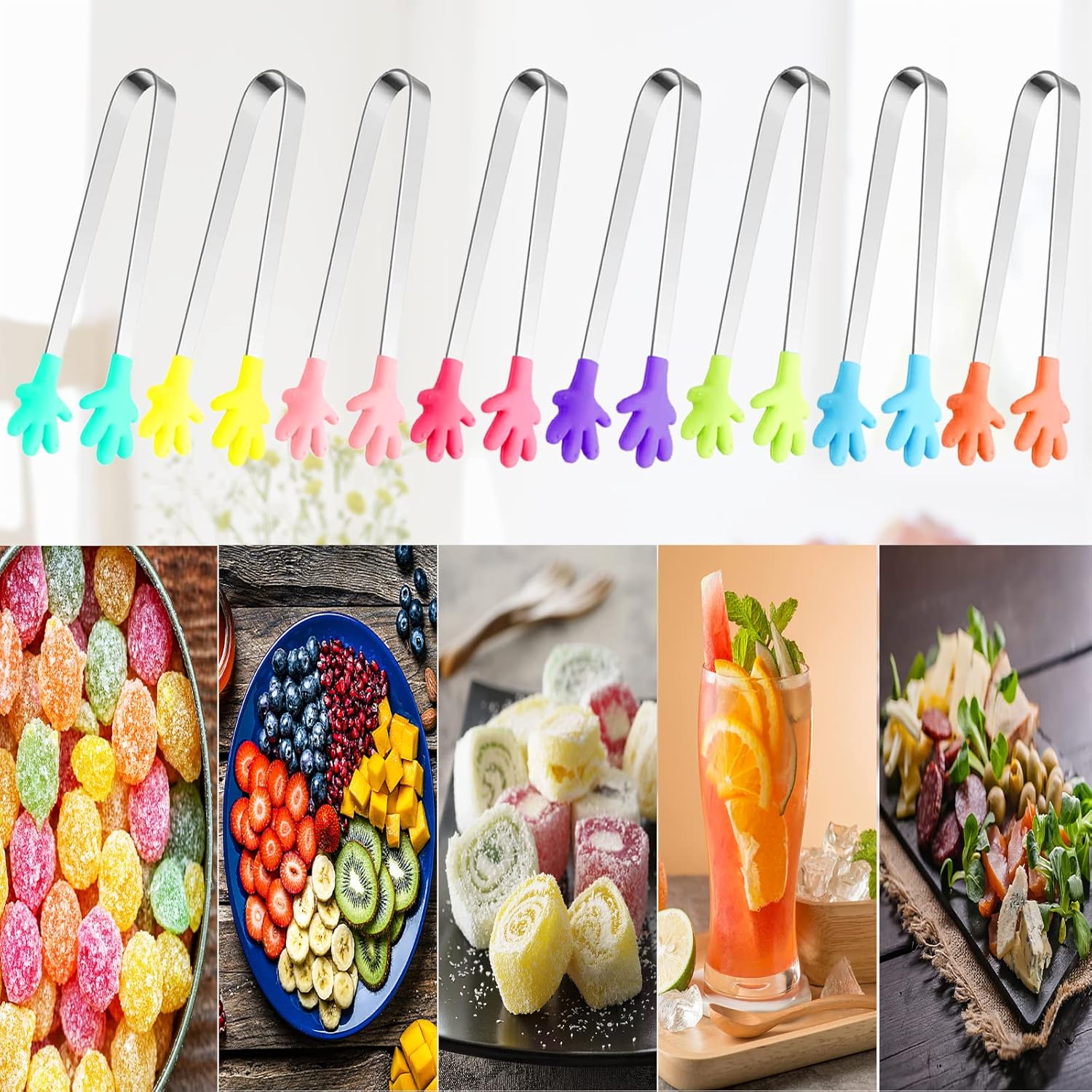 8PCS Silicone Mini Tongs, 5Inch Hand Shape Food Tongs, Colourful Small Kids Tongs for Serving Food, Ice Cube, Fruits, Sugar, Barbecue by - Image 4