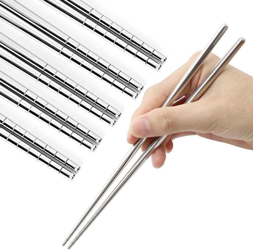 Stainless Steel Chopsticks Reusable Multicolor Lightweight 304 Metal Chopsticks Dishwasher Safe - 5 Pairs (Silver) - Image 1