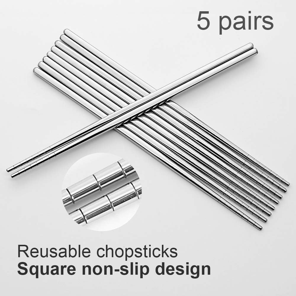 Stainless Steel Chopsticks Reusable Multicolor Lightweight 304 Metal Chopsticks Dishwasher Safe - 5 Pairs (Silver) - Image 5