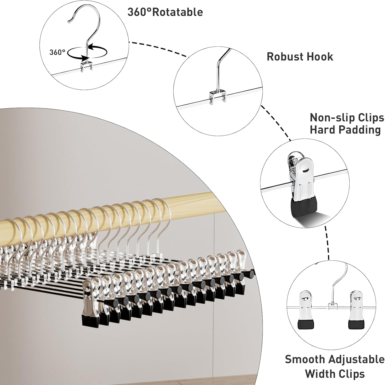 Pants Hanger,  Trouser Hangers 20 Pcs Space Saving Skirt Hangers with Clips Pant Hangers Adjustable Non-Slip Coat Suit Skirt Hangers Heavy Duty Chrome Clothes Hangers Clothes Hook - Image 2