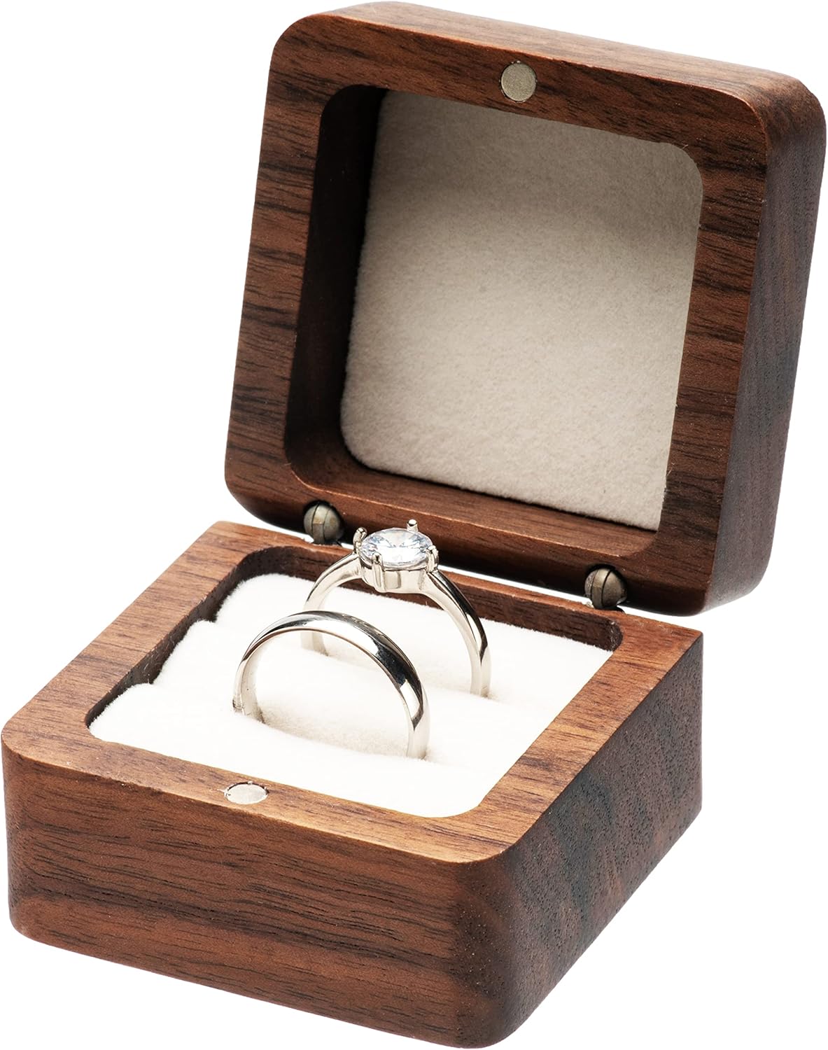 Square Solid Wood Double Ring Box Case for Wedding Ceremony Engagement Proposal,Wooden Ring Holder for 2 Rings (Beige Inner) - Image 1