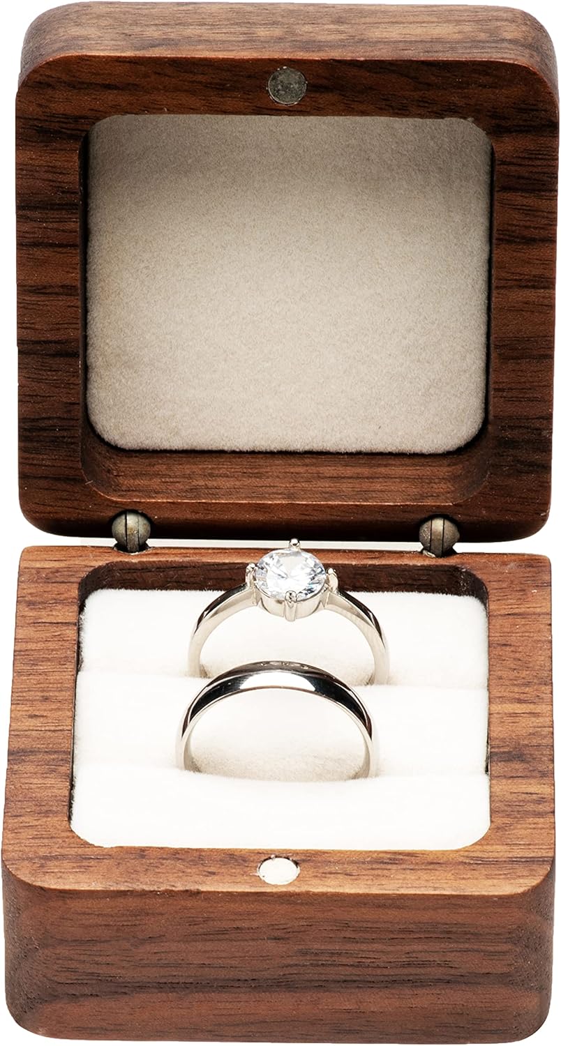 Square Solid Wood Double Ring Box Case for Wedding Ceremony Engagement Proposal,Wooden Ring Holder for 2 Rings (Beige Inner) - Image 2