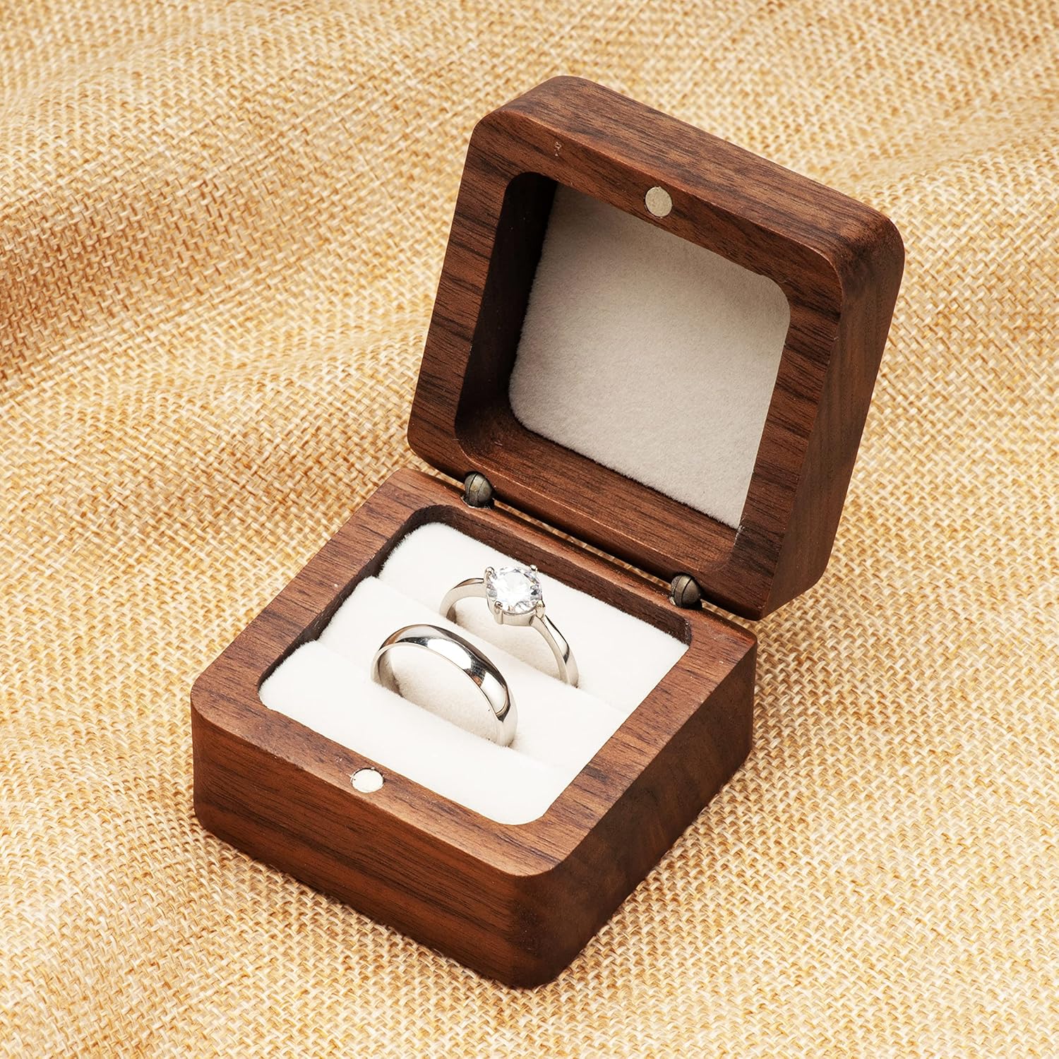 Square Solid Wood Double Ring Box Case for Wedding Ceremony Engagement Proposal,Wooden Ring Holder for 2 Rings (Beige Inner) - Image 5
