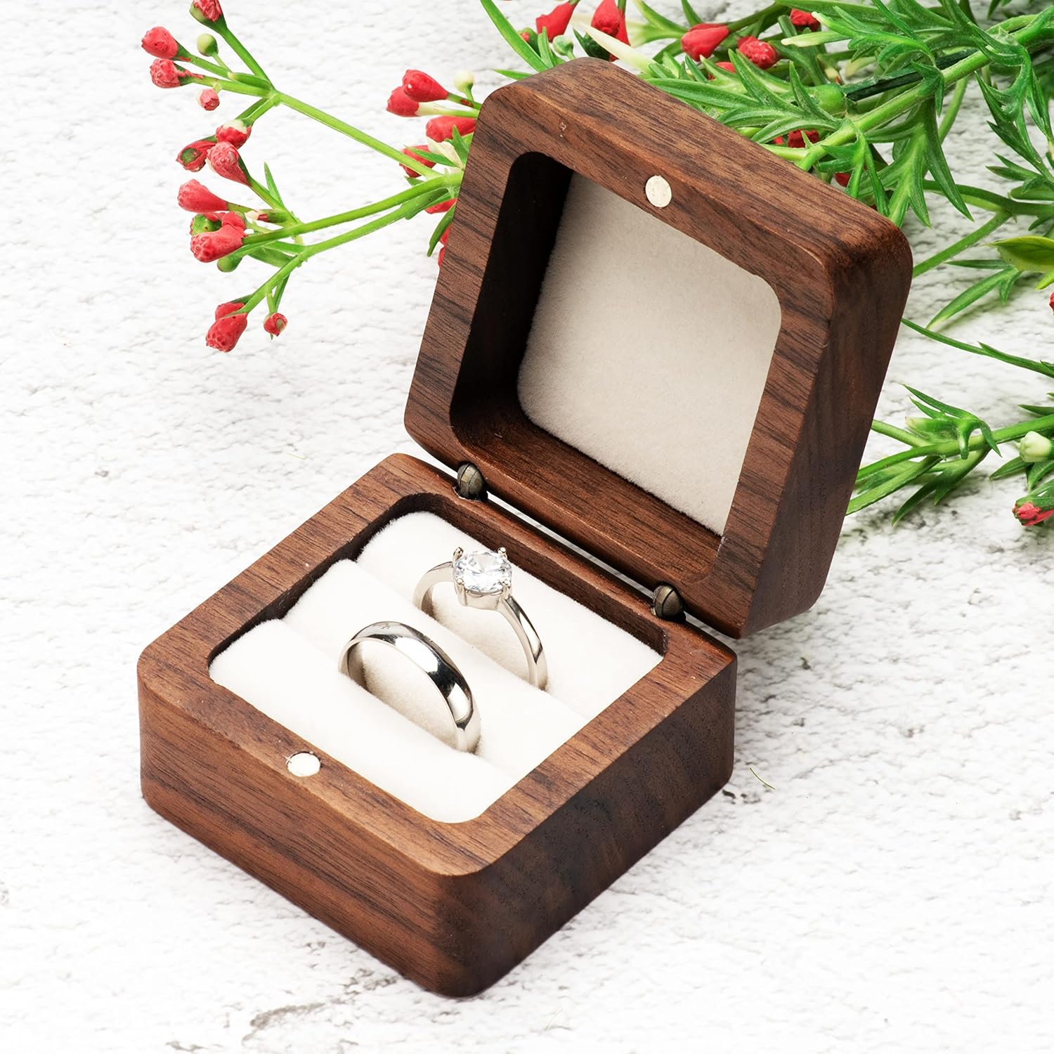 Square Solid Wood Double Ring Box Case for Wedding Ceremony Engagement Proposal,Wooden Ring Holder for 2 Rings (Beige Inner) - Image 6