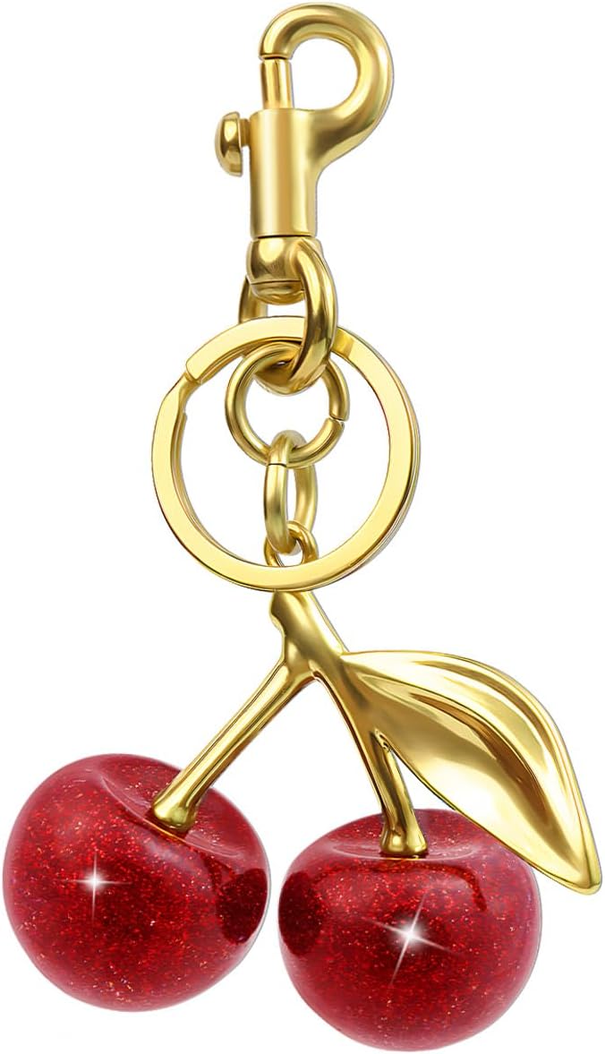 18K Gold Plated Cherry Keychain, Cherry Purse Charm, 1 Pack 18k Gold Plated Cherry, 4.9