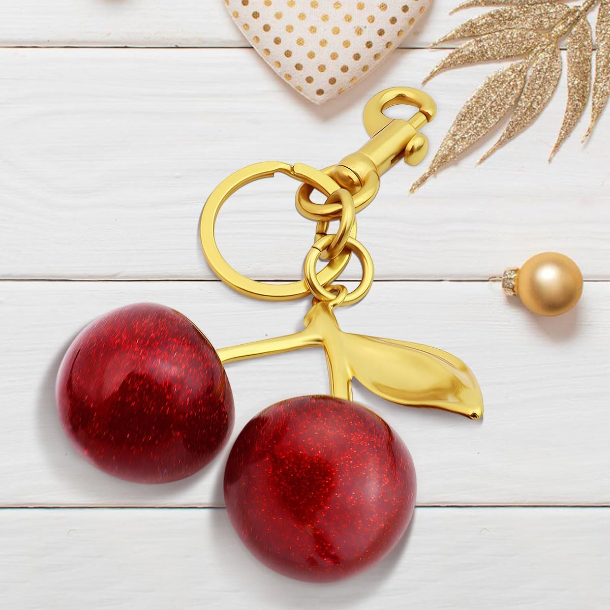 18K Gold Plated Cherry Keychain, Cherry Purse Charm, 1 Pack 18k Gold Plated Cherry, 4.9