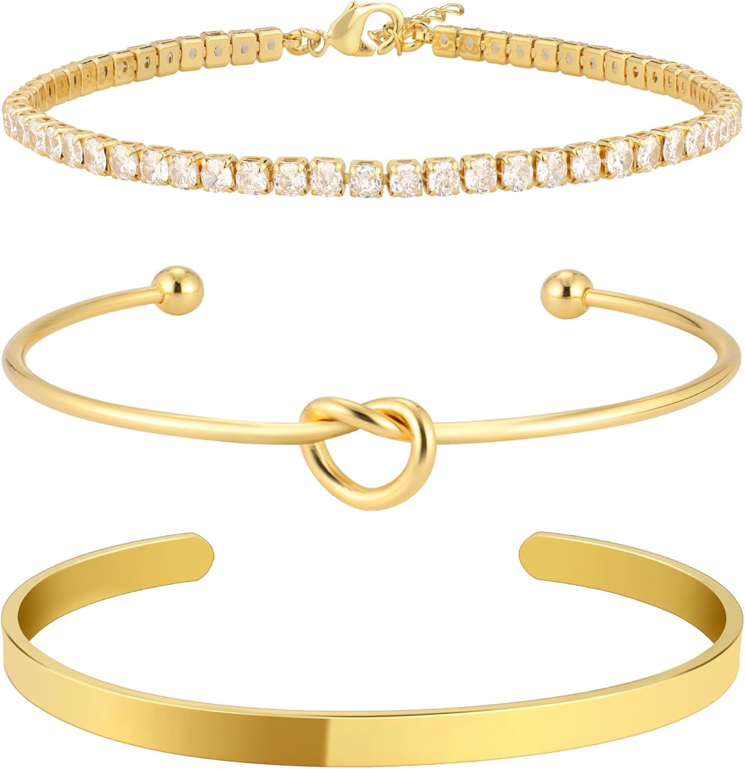 Gold Bangle Cuff Bracelets for Women 14k Gold Plated Cubic Zirconia Tennis Bracelet Non tarnish Love Knot Bracelets Stack Cuff Bangles Adjustable Jewelry Set for Women 3pcs - Image 1