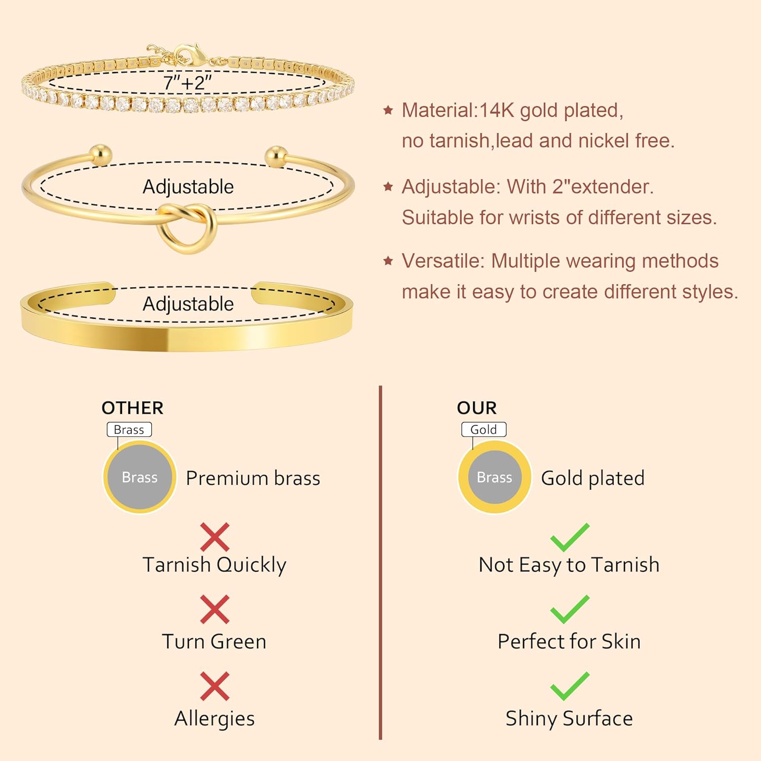 Gold Bangle Cuff Bracelets for Women 14k Gold Plated Cubic Zirconia Tennis Bracelet Non tarnish Love Knot Bracelets Stack Cuff Bangles Adjustable Jewelry Set for Women 3pcs - Image 2