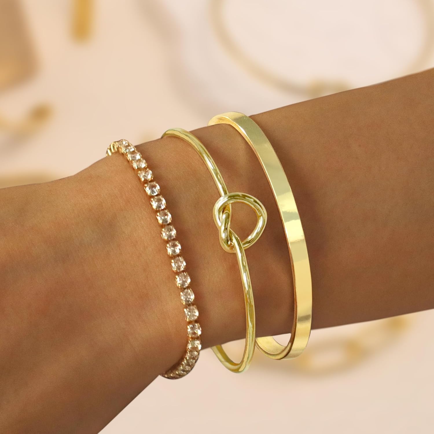 Gold Bangle Cuff Bracelets for Women 14k Gold Plated Cubic Zirconia Tennis Bracelet Non tarnish Love Knot Bracelets Stack Cuff Bangles Adjustable Jewelry Set for Women 3pcs - Image 3